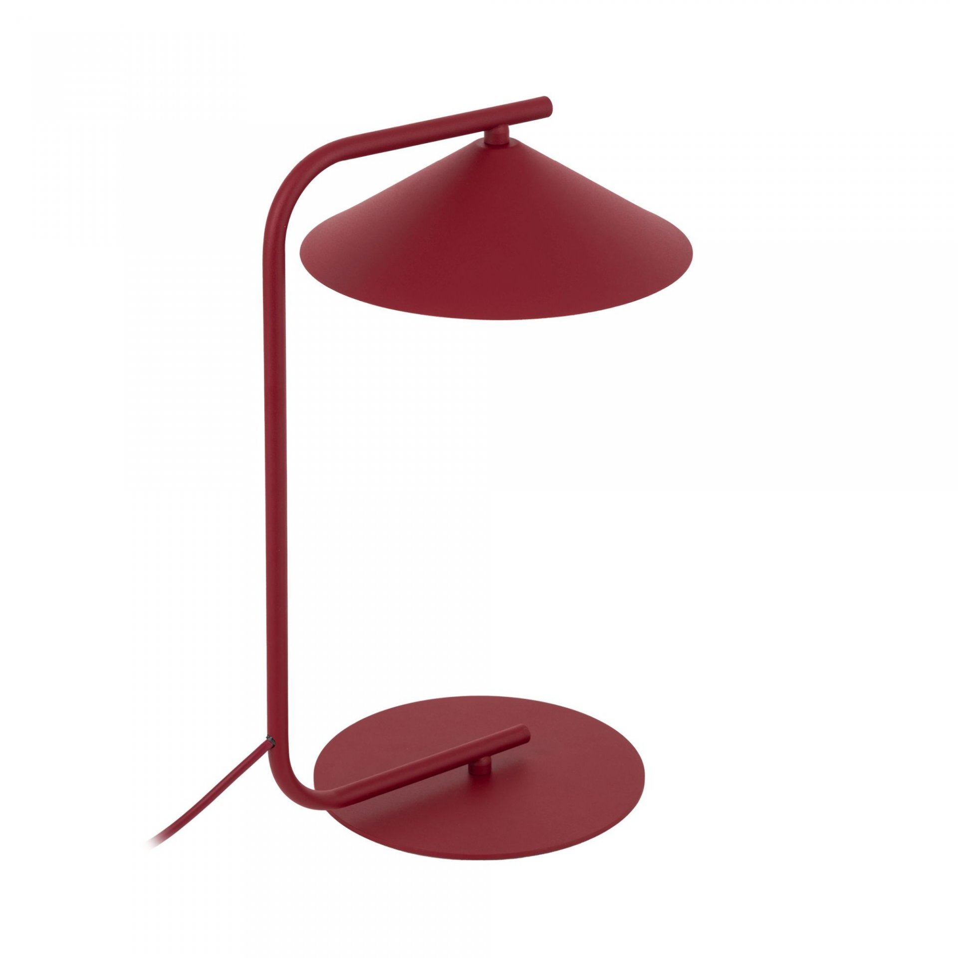 Burgundowa lampa biurkowa o nowoczesnym designie z okrągłą podstawą i stożkowym kloszem. Lampa posiada prosty, metalowy stelaż i przewód zasilający.