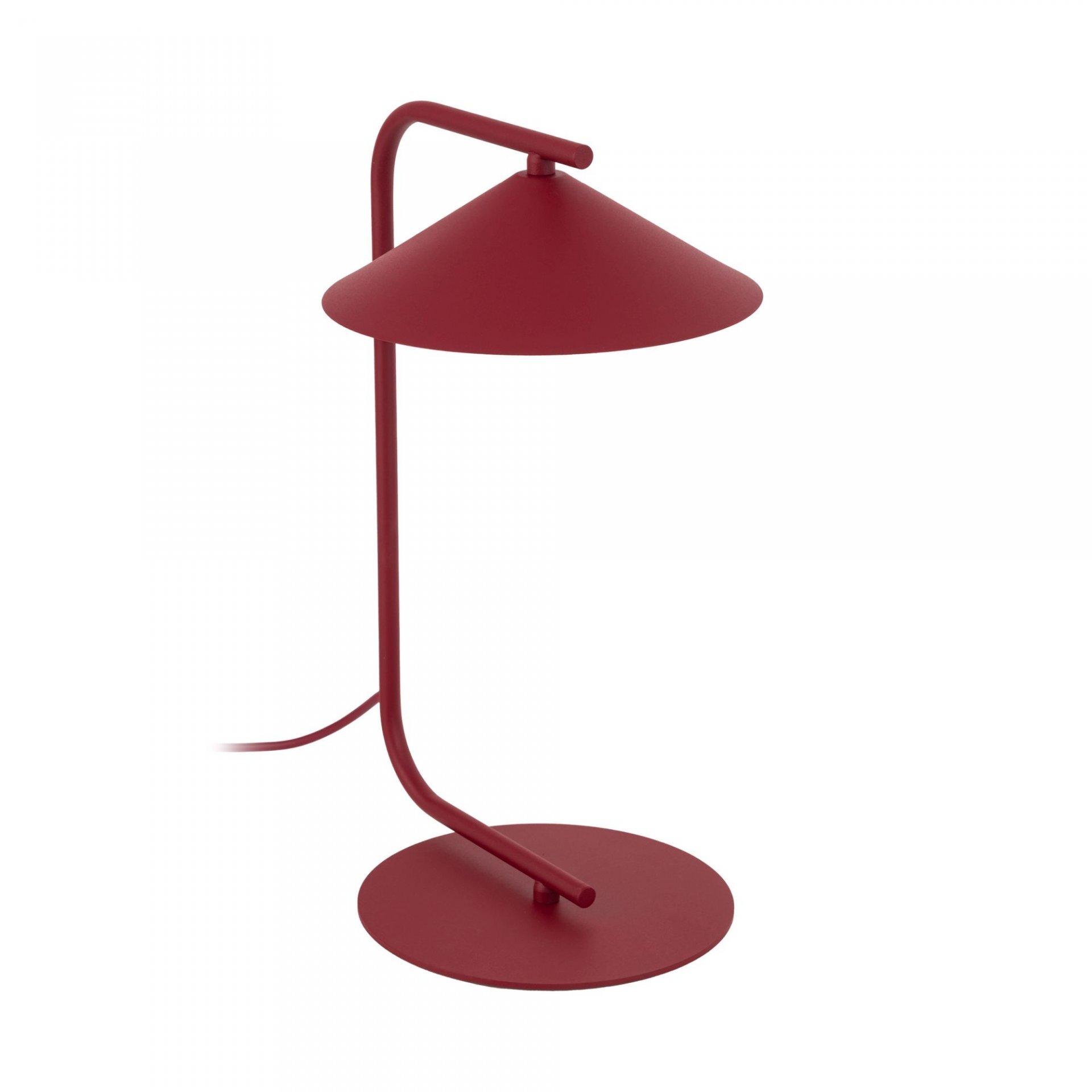 Burgundowa lampa biurkowa o nowoczesnym designie z okrągłą podstawą i stożkowym kloszem. Lampa posiada prosty, zakrzywiony uchwyt łączący klosz z podstawą.