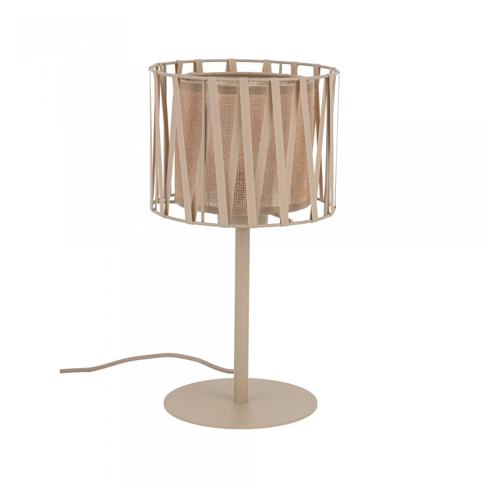Beżowa lampa stołowa z cylindrycznym abażurem, ozdobionym pionowymi, ażurowymi elementami. Lampa posiada okrągłą podstawę i prosty trzon.