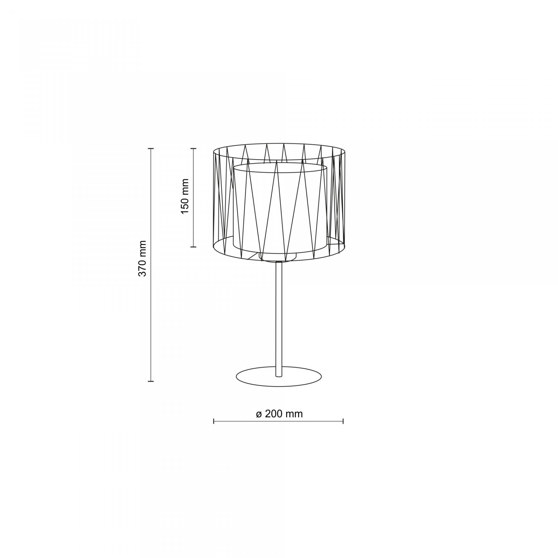 Schematyczny rysunek lampy stołowej z wymiarami: wysokość 370 mm, średnica klosza 200 mm, wysokość klosza 150 mm. Lampa ma cylindryczny klosz z geometrycznym wzorem i prostą podstawę.