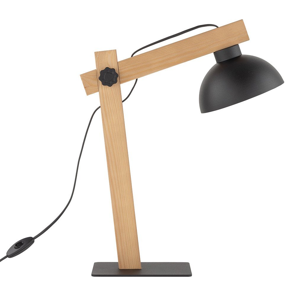 Lampa biurkowa wykonana z czarnego metalu i drewna, z regulowanym ramieniem. Posiada prostokątną podstawę i przewód z włącznikiem.