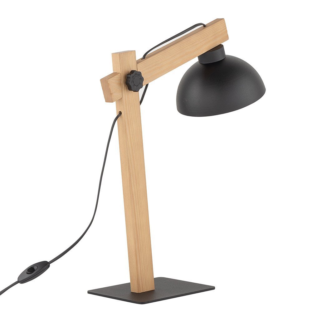 Lampa biurkowa wykonana z drewna i metalu, z czarnym kloszem i prostokątną podstawą. Posiada regulowane ramię oraz przewód z włącznikiem.
