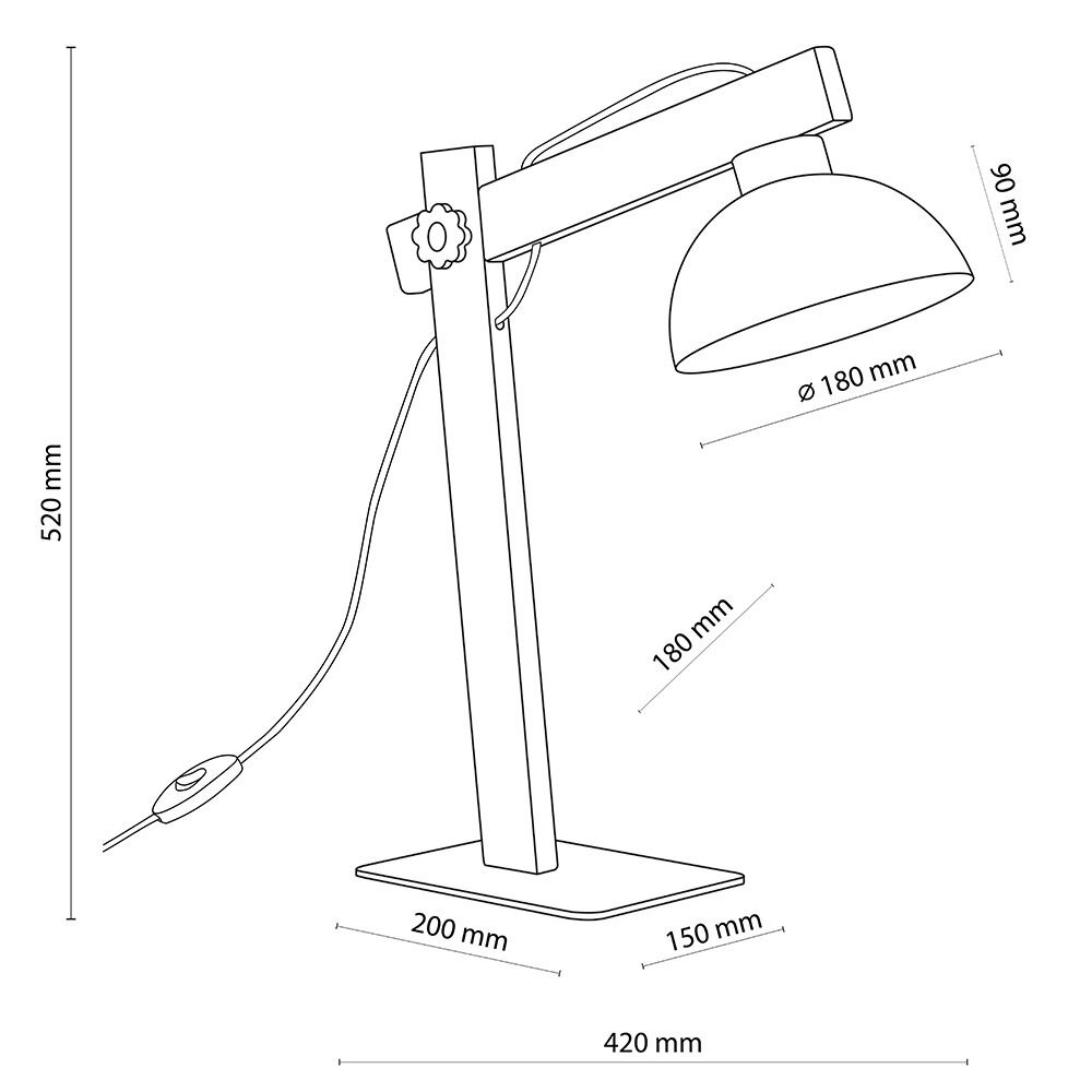 Schematyczny rysunek lampy biurkowej z wymiarami: wysokość 520 mm, szerokość podstawy 200 mm, głębokość podstawy 150 mm, długość ramienia 420 mm, średnica klosza 180 mm, wysokość klosza 90 mm. Lampa posiada regulowane ramię i przewód z włącznikiem.