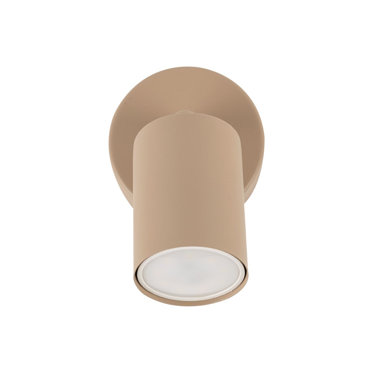 Beżowy reflektor sufitowy o cylindrycznym kształcie, z regulowanym kierunkiem światła. Produkt ma minimalistyczny design i jest przeznaczony do montażu na suficie.