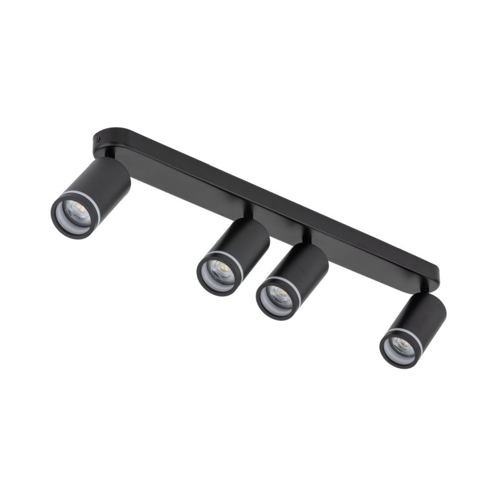 Czarny metalowy reflektor sufitowy z czterema regulowanymi reflektorami w kształcie cylindrów. Każdy reflektor posiada oprawkę GU10 i jest zamontowany na prostokątnej listwie.