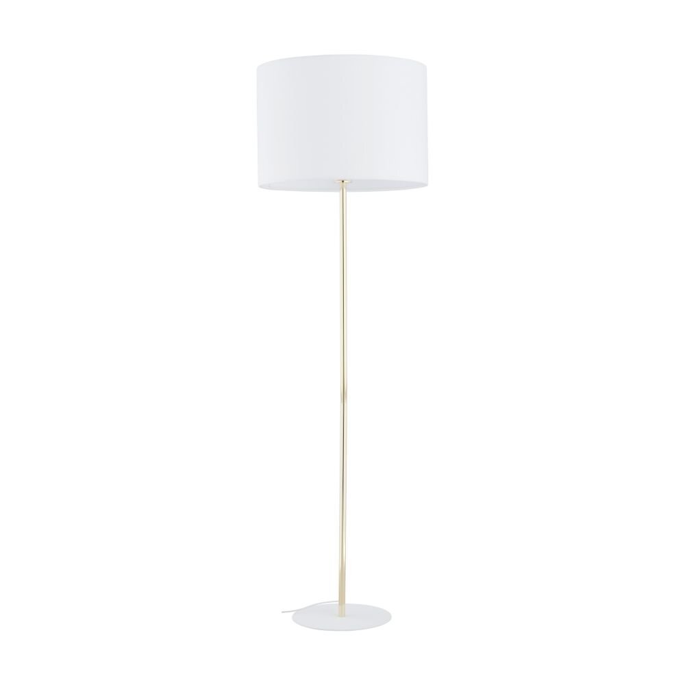 Lampa podłogowa z białym abażurem i złotym stelażem, stojąca na okrągłej podstawie. Przewód zasilający widoczny przy podstawie.