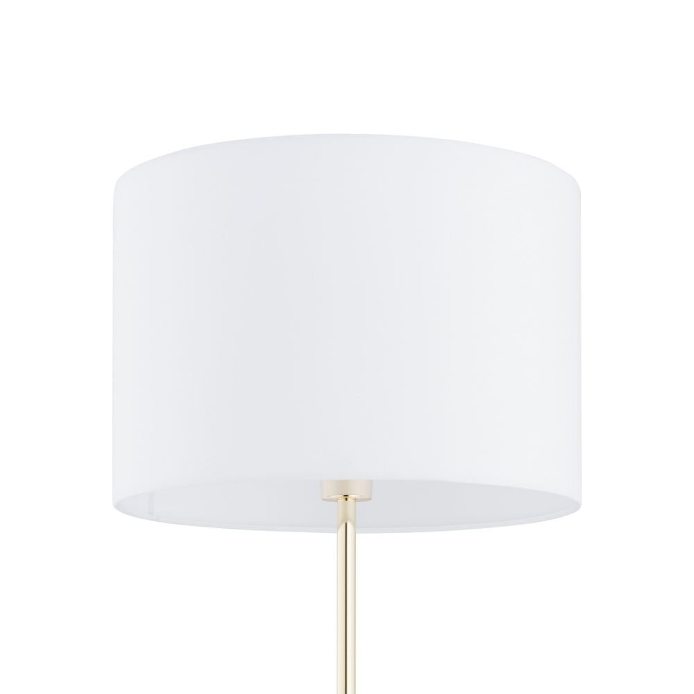 Biała lampa podłogowa z cylindrycznym abażurem i złotym stelażem. Produkt ma nowoczesny design.