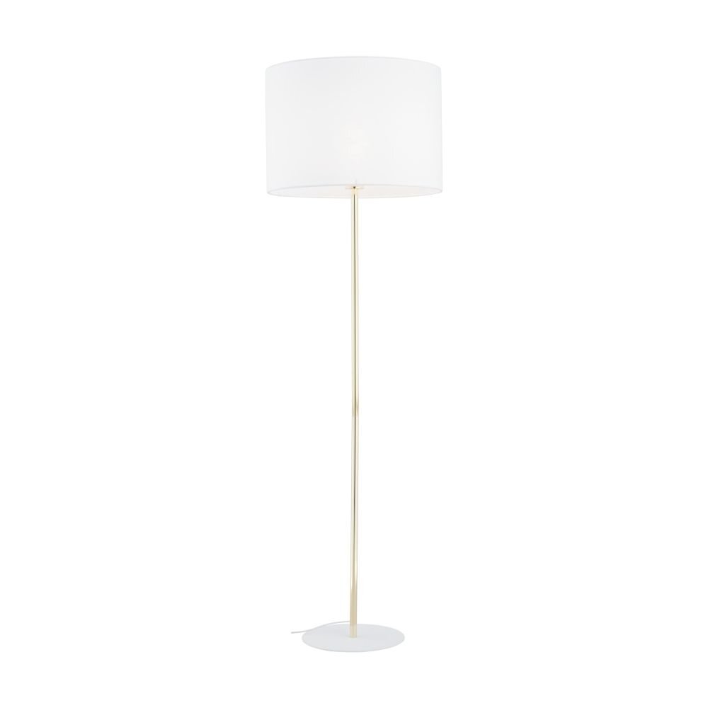 Lampa podłogowa z białym, cylindrycznym abażurem i złotym, smukłym trzonem. Podstawa lampy jest okrągła i biała.