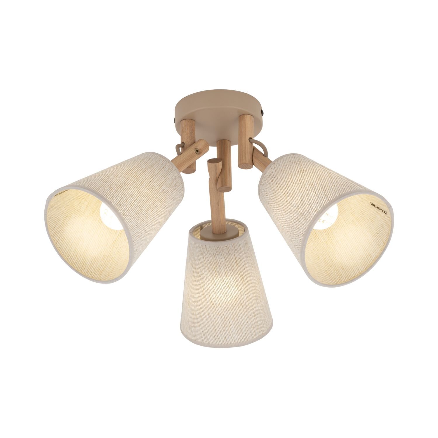 Lampa sufitowa z trzema kloszami w kształcie stożków, wykonana z materiału o beżowym odcieniu. Elementy konstrukcyjne są drewniane, a całość przymocowana jest do okrągłej podstawy.
