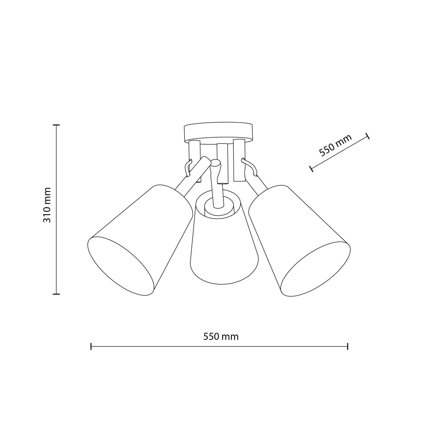 Schemat lampy sufitowej z trzema kloszami, z wymiarami 310 mm wysokości i 550 mm szerokości. Klosze są skierowane w różnych kierunkach.