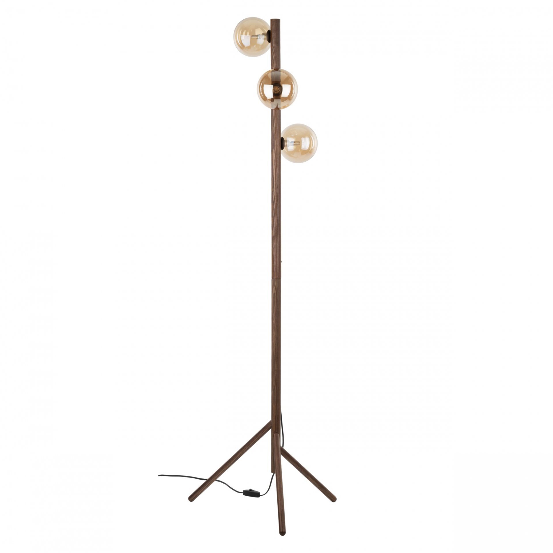 Lampa podłogowa z drewnianą brązową podstawą i trzema szklanymi kloszami w kolorze bursztynowym. Posiada włącznik nożny i przewód zasilający.