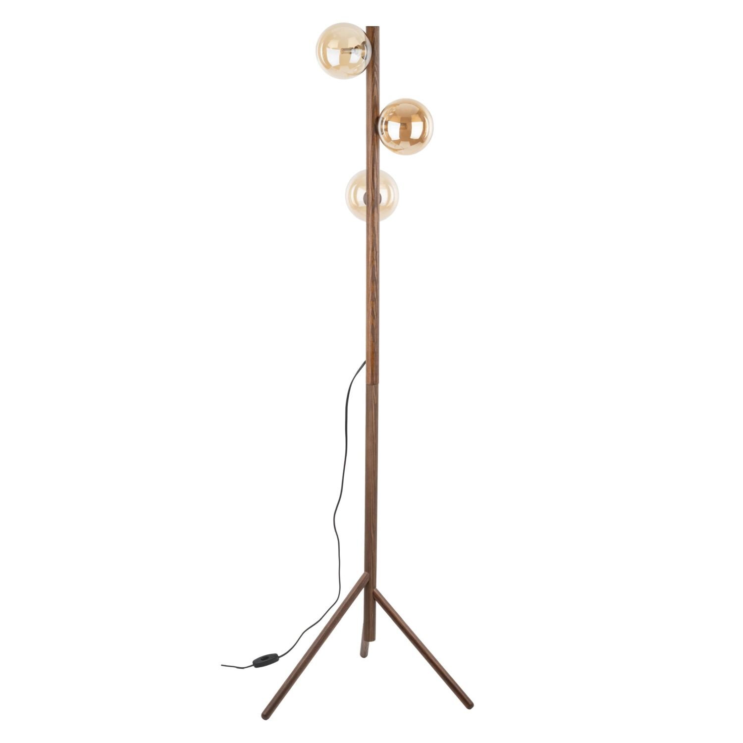 Lampa podłogowa z drewnianą podstawą i trzema szklanymi kloszami w kolorze bursztynowym. Posiada włącznik nożny i przewód zasilający.