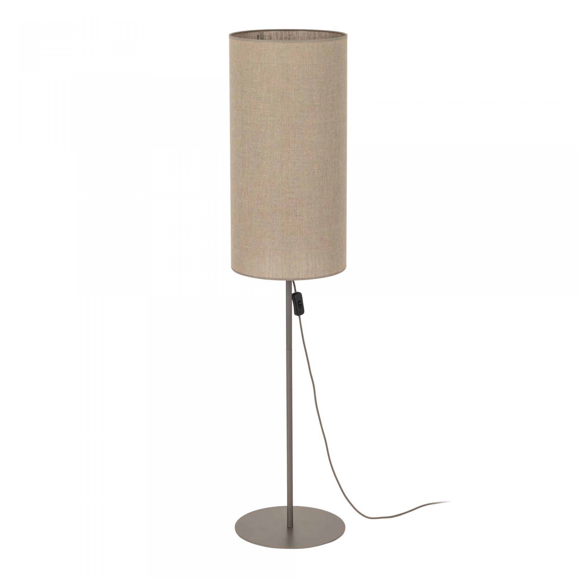 Brązowa lampa podłogowa z lnianym abażurem w kształcie walca, osadzona na prostym metalowym stelażu z okrągłą podstawą. Lampa posiada przewód z włącznikiem.