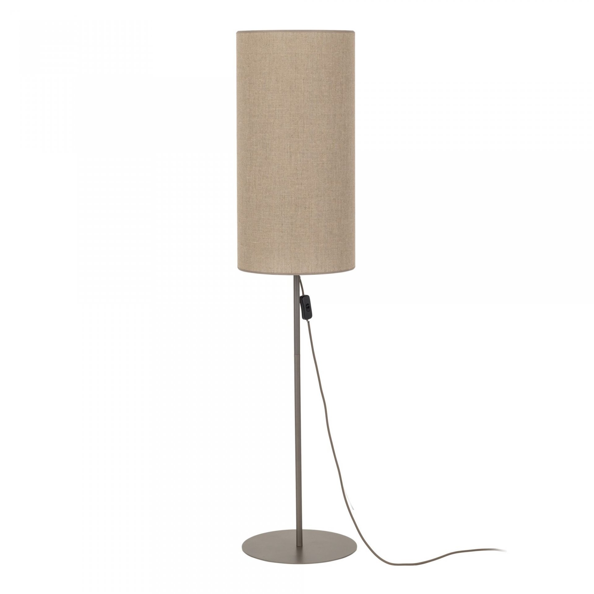 Lampa podłogowa z brązowym, lnianym abażurem na prostym metalowym stelażu. Posiada okrągłą podstawę i przewód z włącznikiem.