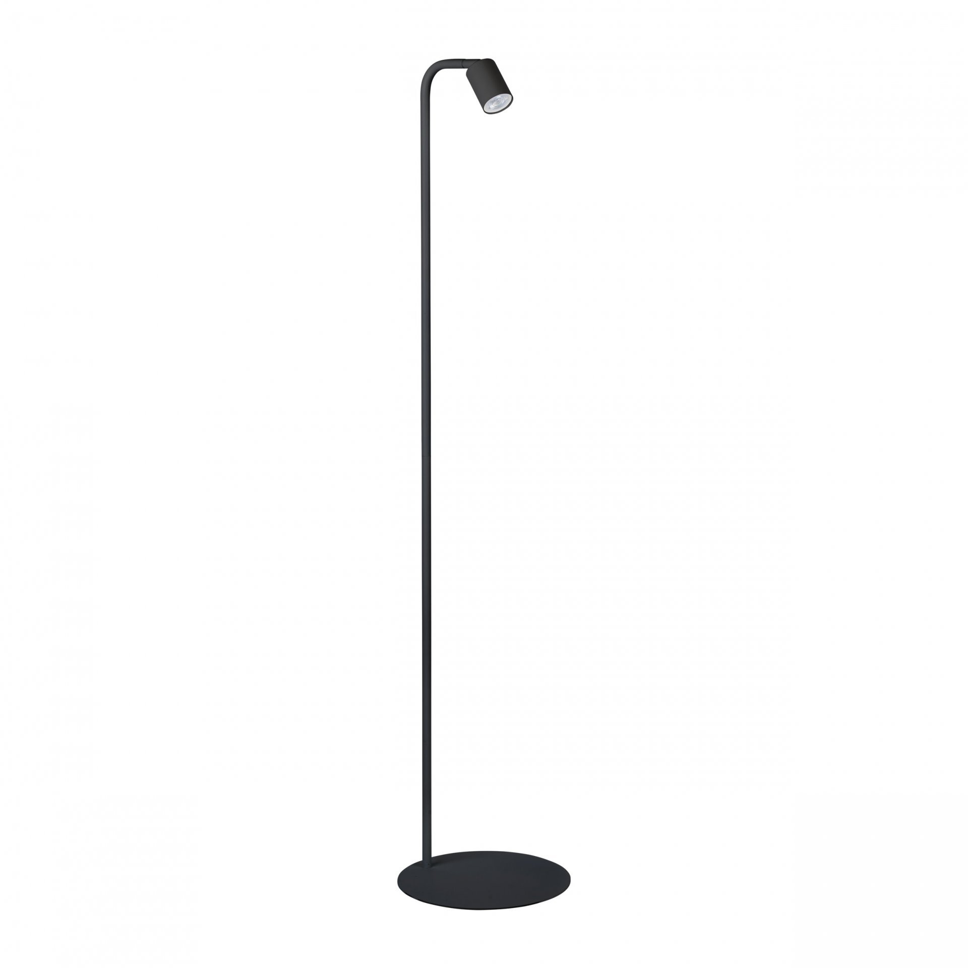 Czarna lampa podłogowa o minimalistycznym designie, z prostym, smukłym trzonem i okrągłą podstawą. Główka lampy jest skierowana w dół, a całość wykonana jest z lakierowanej stali.