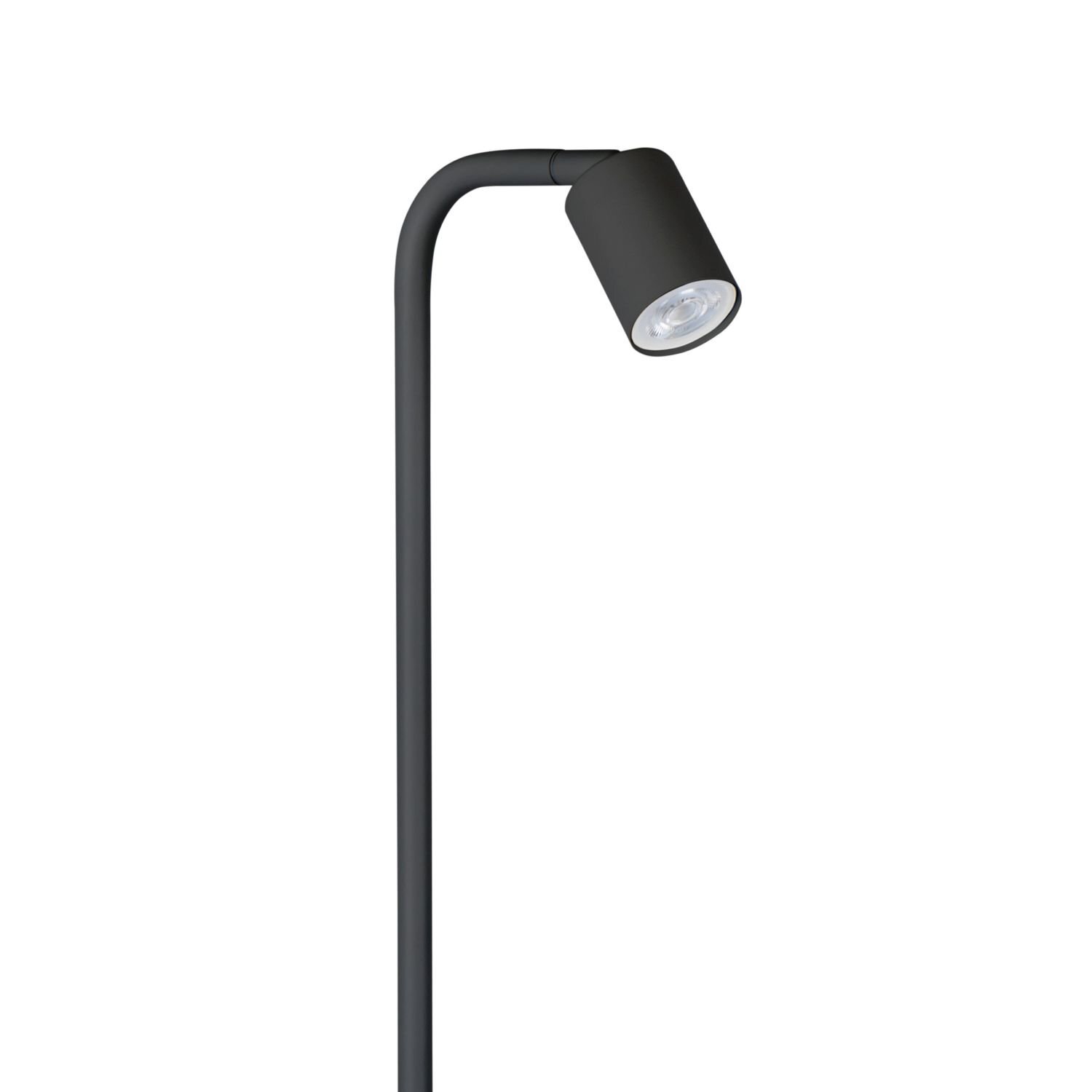 Czarna lampa podłogowa o minimalistycznym designie, z cylindrycznym kloszem skierowanym w dół. Wykonana z lakierowanej stali, posiada włącznik na przewodzie.