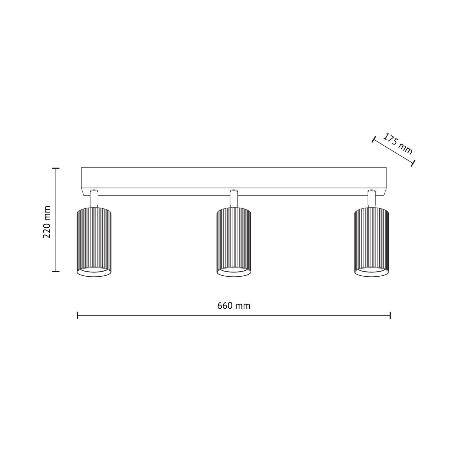 Schemat reflektora sufitowego z trzema regulowanymi spotami. Wymiary: wysokość 220 mm, szerokość 660 mm, głębokość 175 mm.
