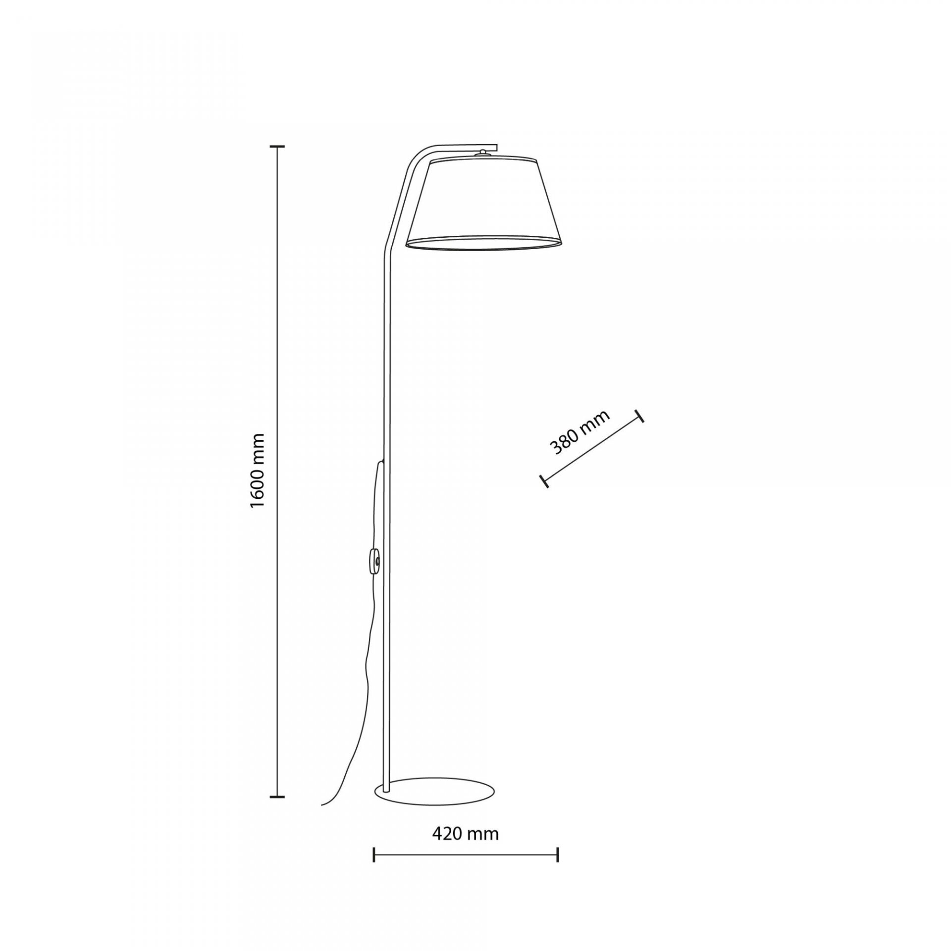Schematyczny rysunek lampy podłogowej z abażurem, z wymiarami: wysokość 1600 mm, szerokość podstawy 420 mm, średnica abażura 380 mm. Lampa posiada przewód z włącznikiem.