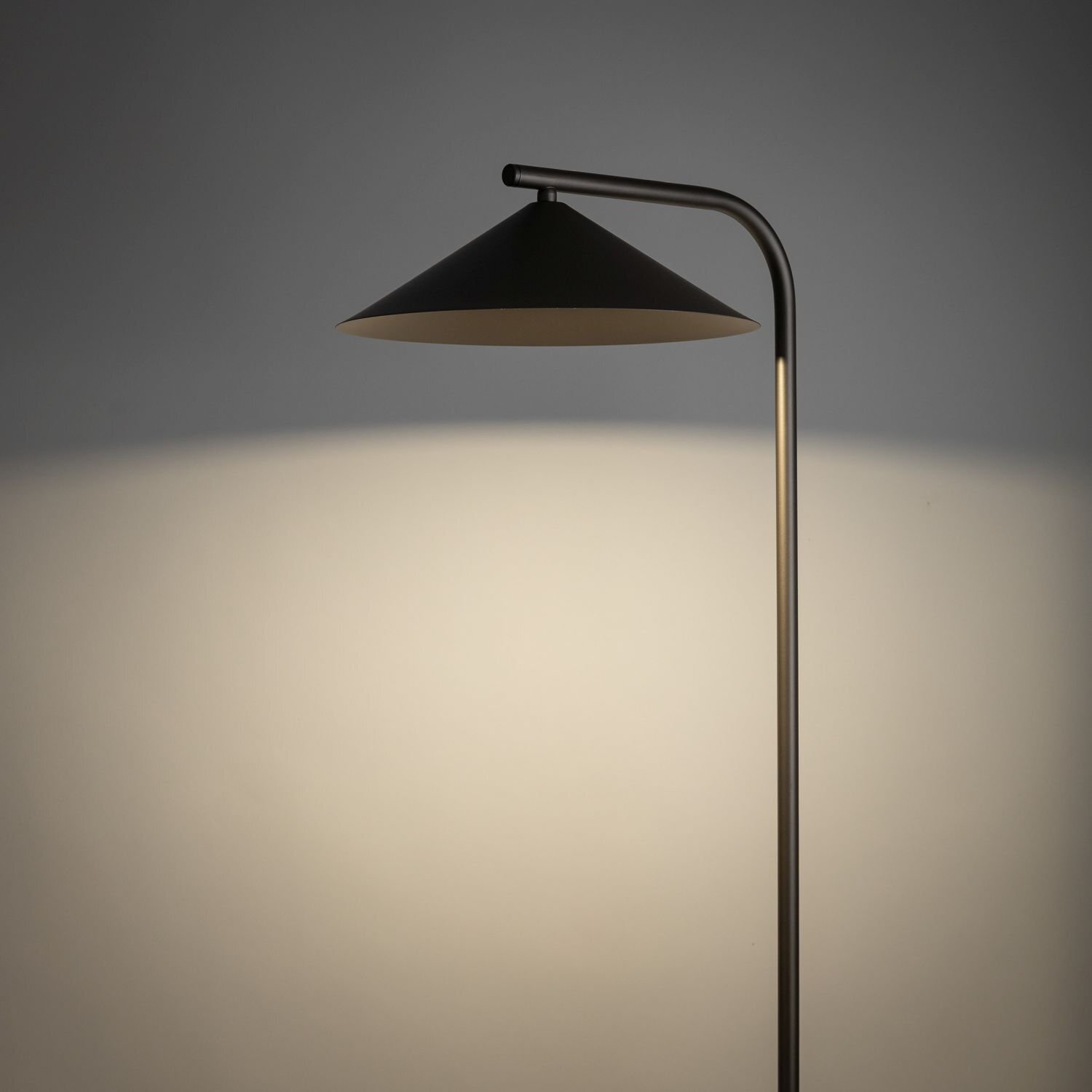 Na obrazie widoczna jest nowoczesna lampa podłogowa z brązowym, stożkowym kloszem i smukłym, metalowym stelażem. Lampa emituje ciepłe światło, tworząc delikatny efekt na ścianie.