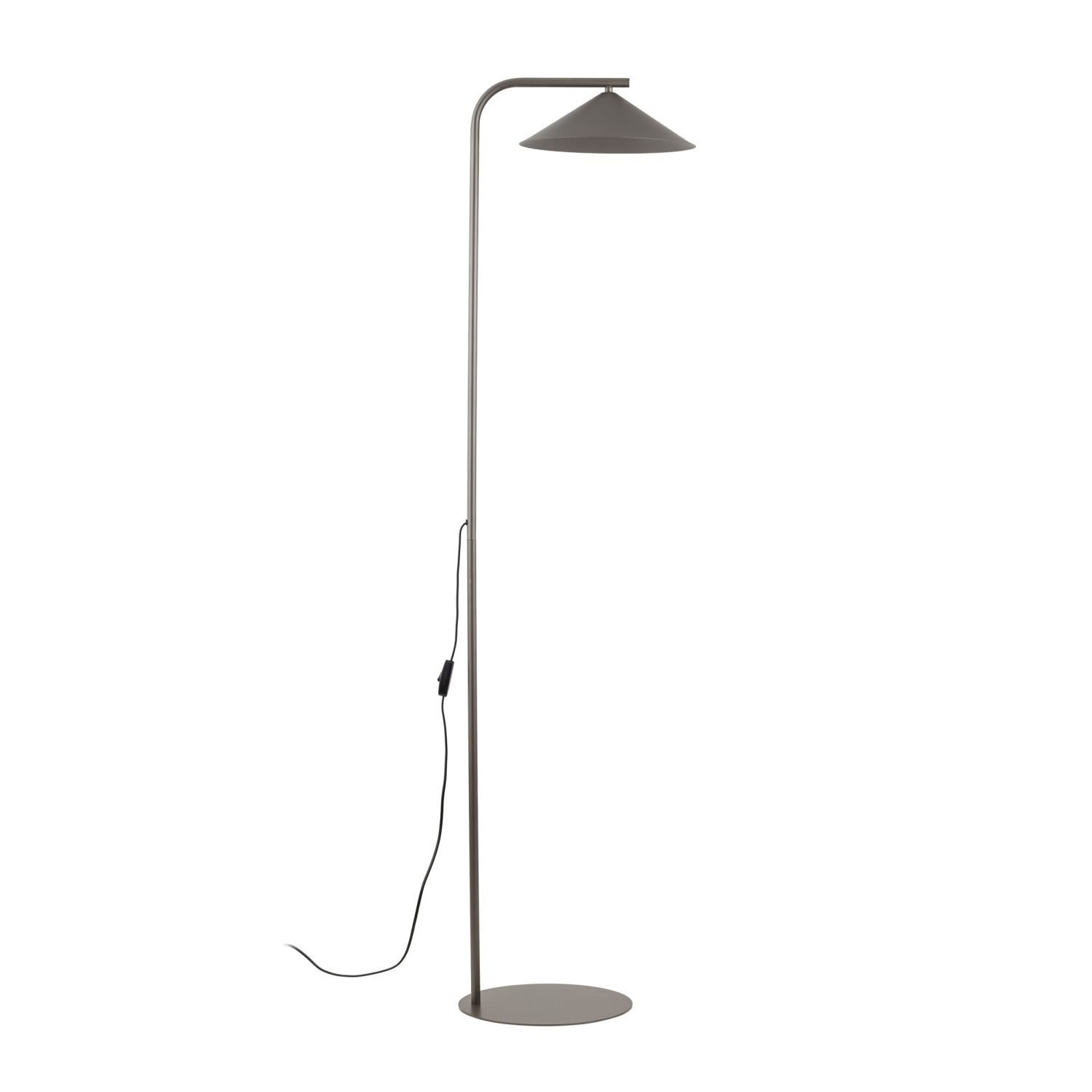 Brązowa lampa podłogowa o nowoczesnym designie, wykonana ze stali, z okrągłą podstawą i stożkowym kloszem. Posiada przewód z włącznikiem.
