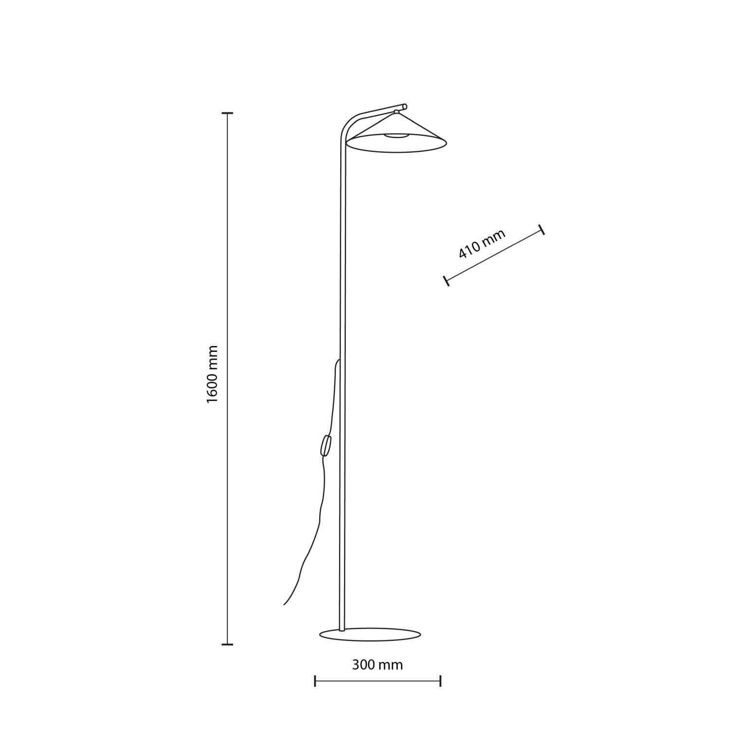 Schematyczny rysunek lampy podłogowej z wymiarami: wysokość 1600 mm, szerokość podstawy 300 mm, długość klosza 410 mm. Lampa posiada prosty, nowoczesny design z przewodem i włącznikiem na kablu.
