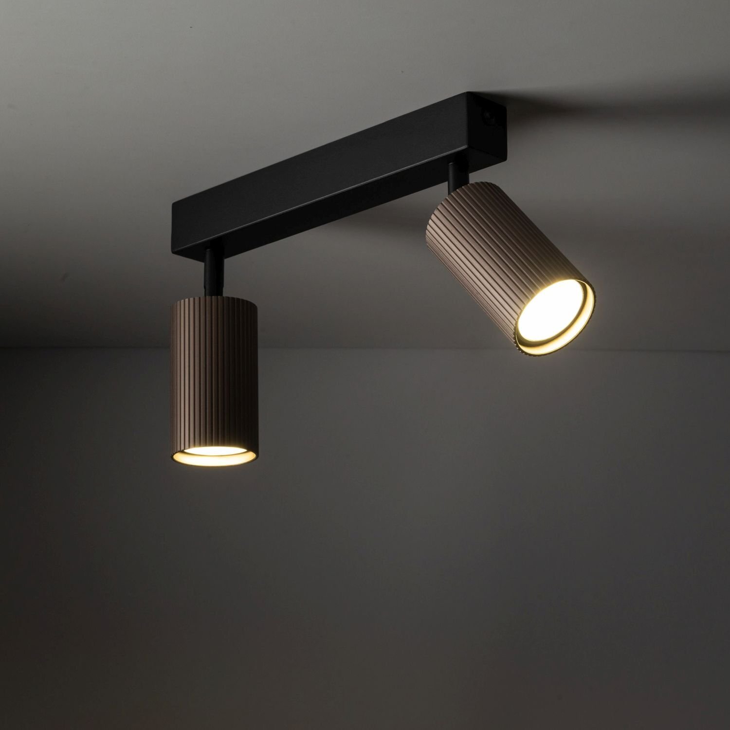 Na obrazie widoczny jest sufitowy reflektor z dwoma ruchomymi punktami świetlnymi w kolorze brązowym i czarnym. Reflektor ma nowoczesny, metalowy design.