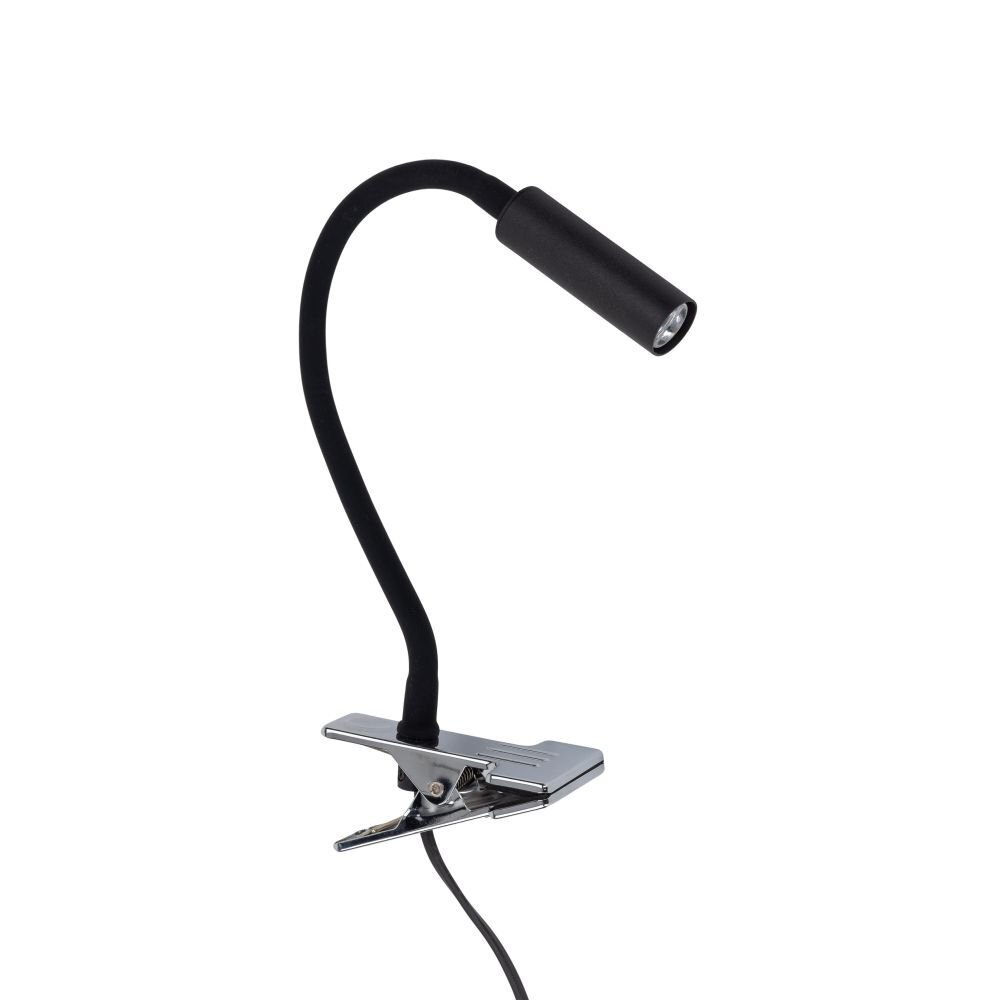 Czarna lampa biurkowa z klipsem, wykonana z metalu, z elastycznym ramieniem i cylindrycznym kloszem. Lampa posiada przewód zasilający i metalowy klips do mocowania.