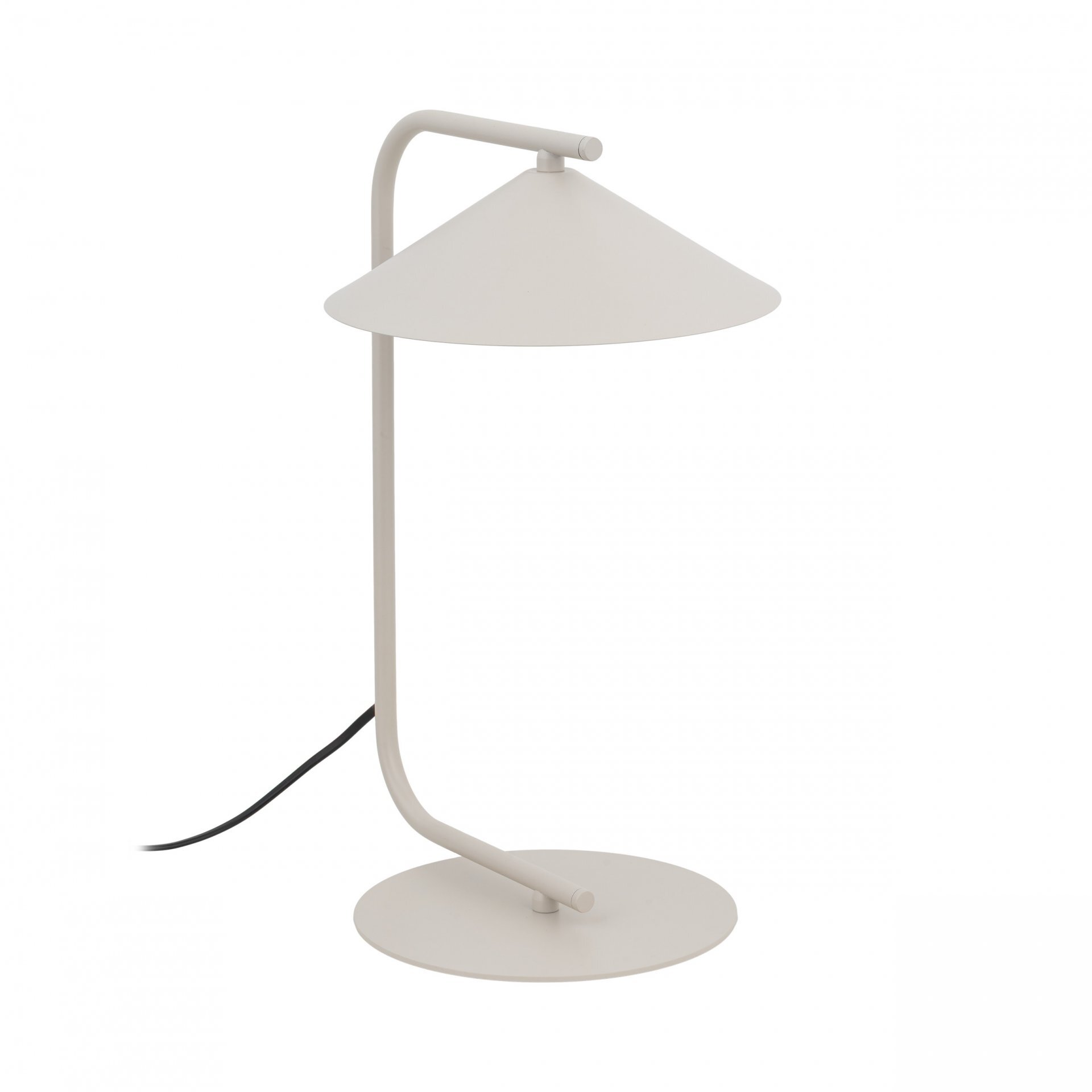 Lampa biurkowa w stylu loftowym z metalowym kloszem w kształcie stożka i okrągłą podstawą. Posiada prosty, zakrzywiony stelaż oraz czarny przewód zasilający.