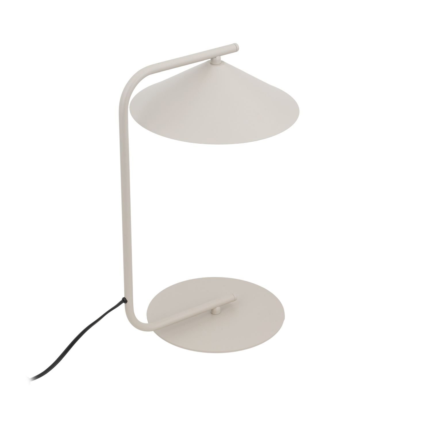 Lampa biurkowa w stylu loftowym, wykonana ze stali, z okrągłą podstawą i stożkowym kloszem. Posiada czarny przewód zasilający.