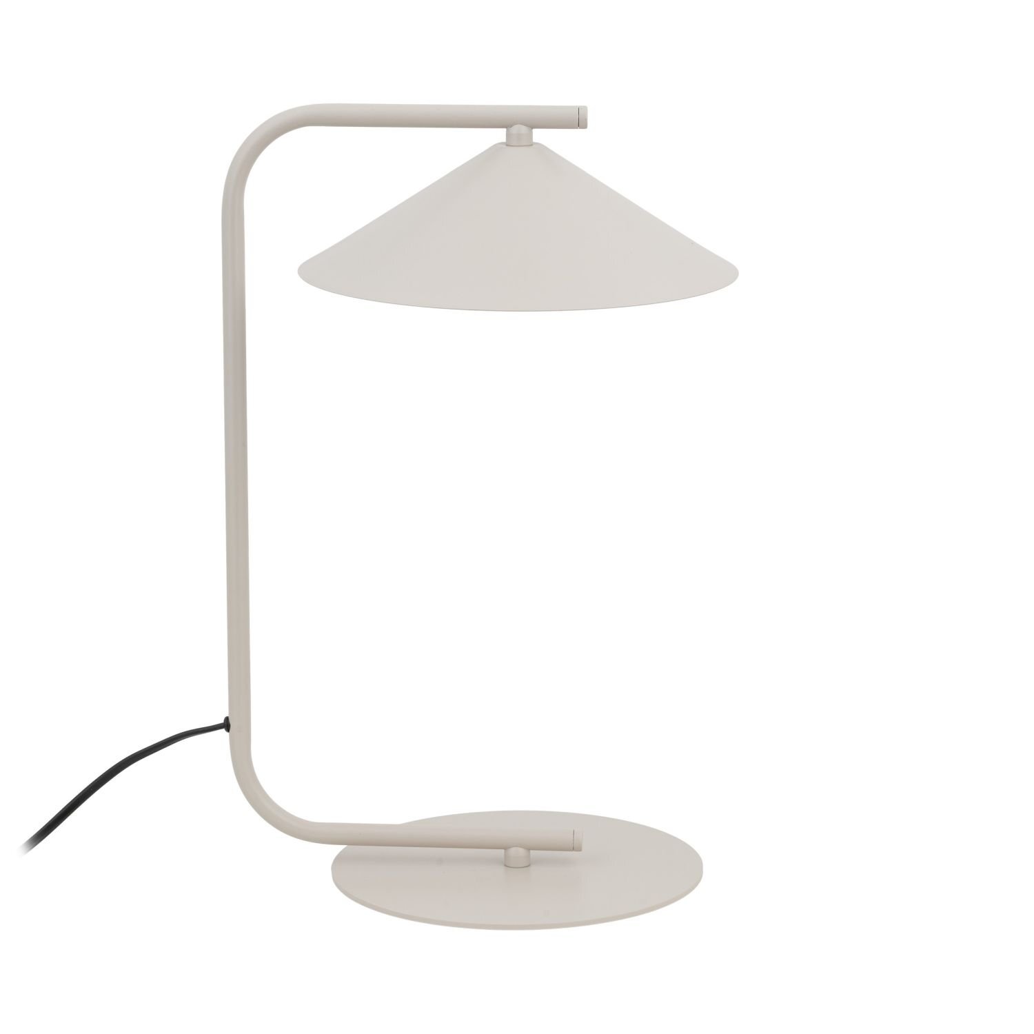 Lampa biurkowa o minimalistycznym designie, wykonana z metalu w jasnym kolorze. Posiada stożkowy klosz i okrągłą podstawę, z widocznym czarnym przewodem zasilającym.