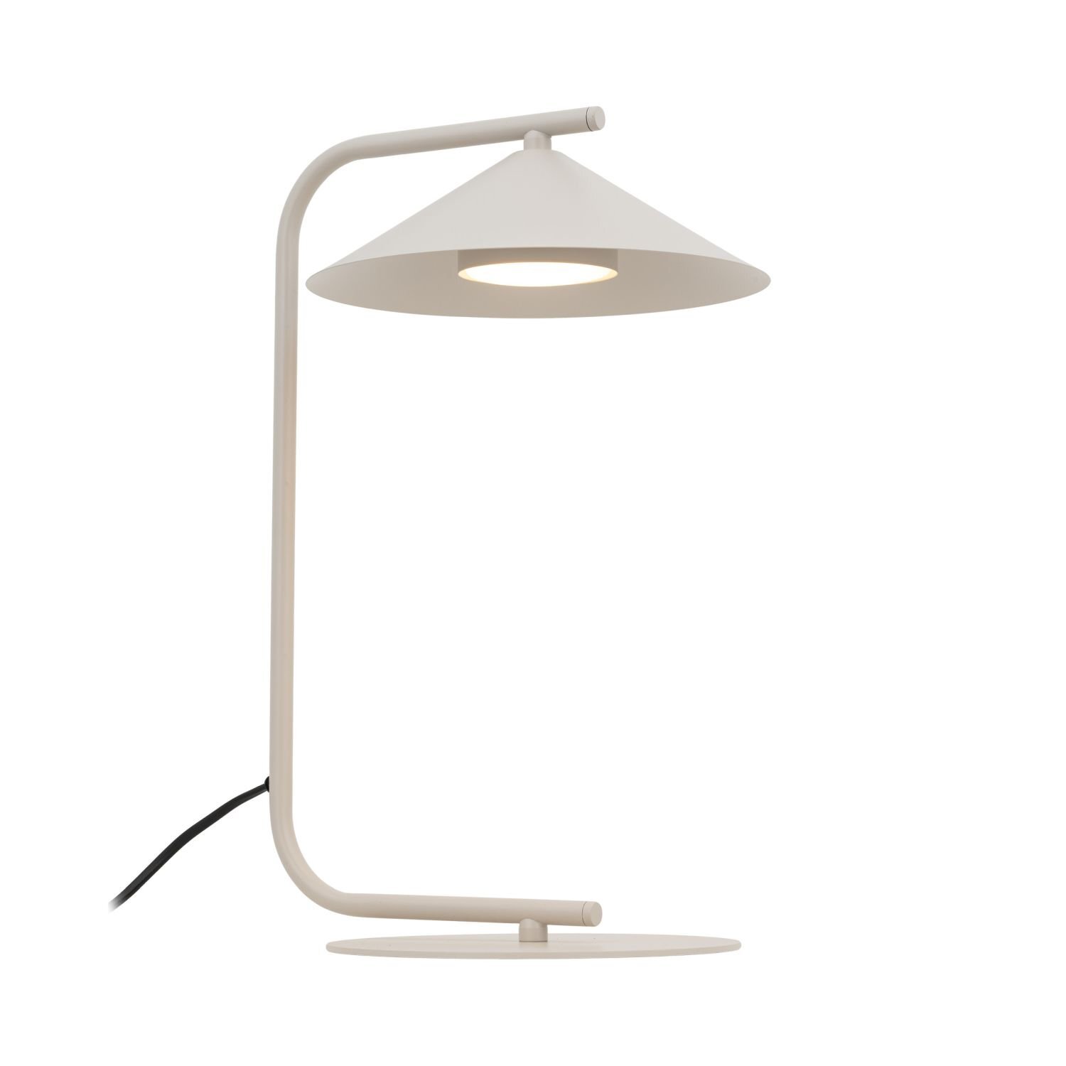 Lampa biurkowa o nowoczesnym designie, wykonana z metalu w kolorze kaszmiru. Posiada stożkowy klosz i okrągłą podstawę, z widocznym czarnym przewodem zasilającym.