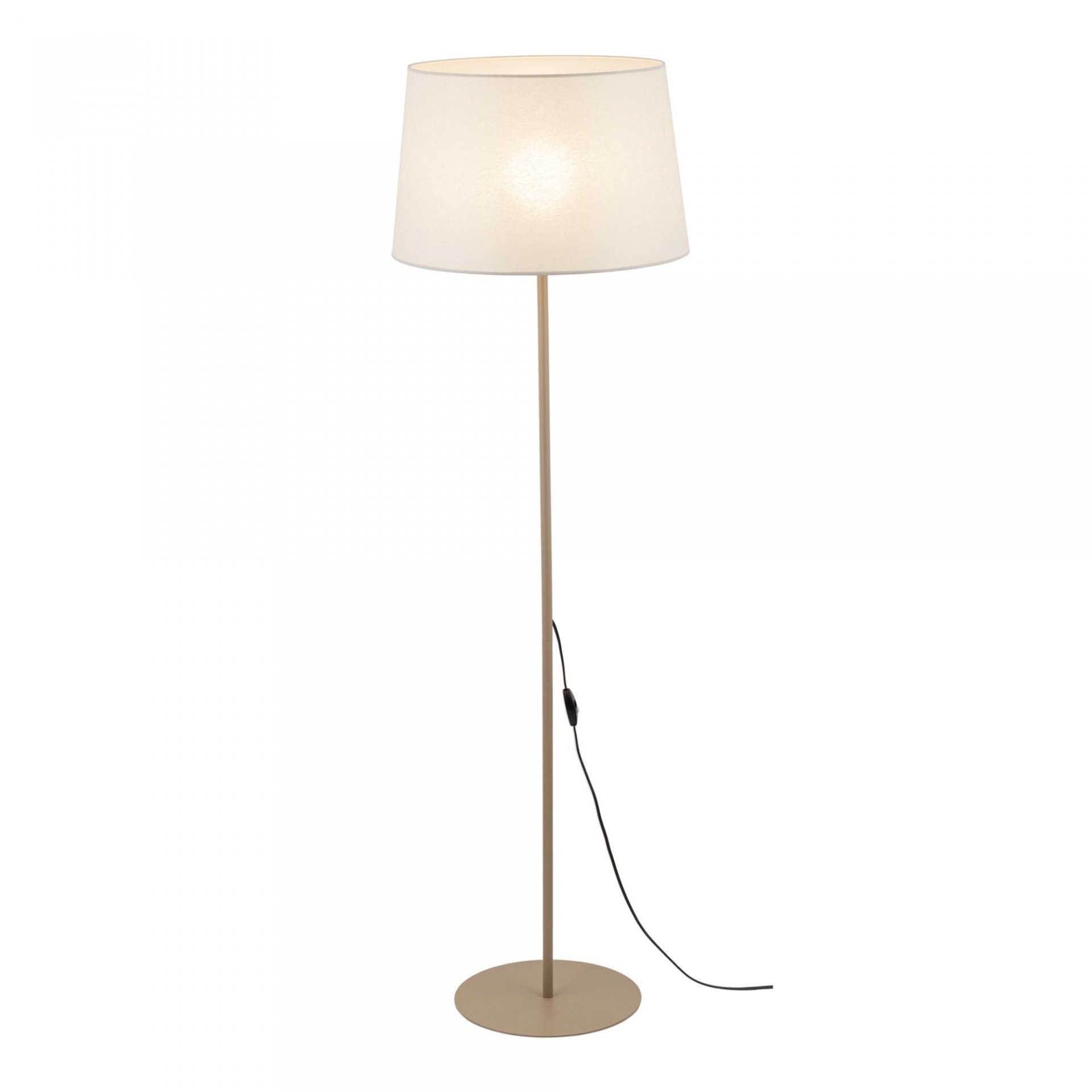 Lampa podłogowa z tkaninowym kloszem w kolorze ecru, osadzona na smukłej, metalowej podstawie. Posiada przewód z włącznikiem.