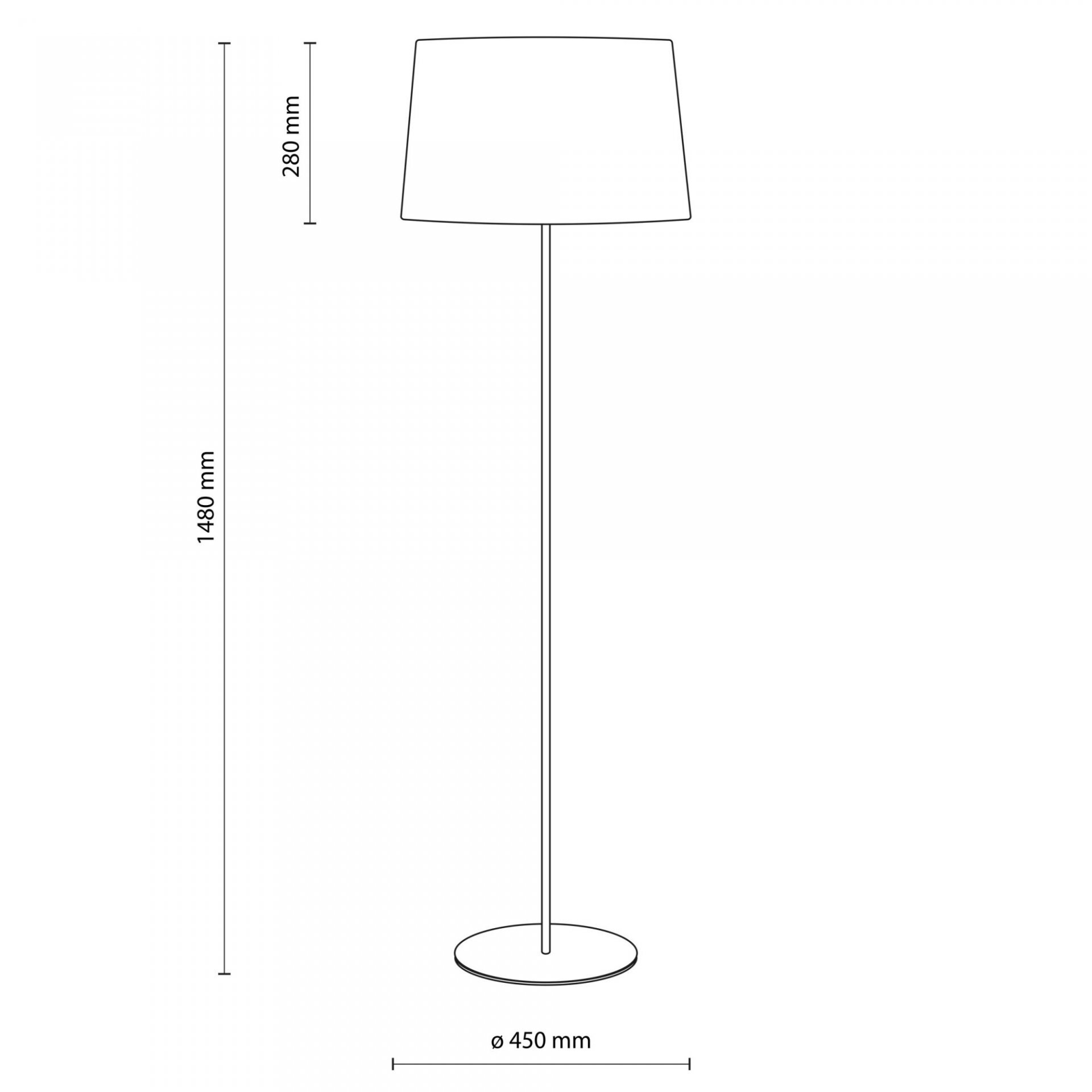 Schematyczny rysunek lampy podłogowej z tkaninowym kloszem, o wysokości 1480 mm i średnicy podstawy 450 mm. Wysokość klosza wynosi 280 mm.