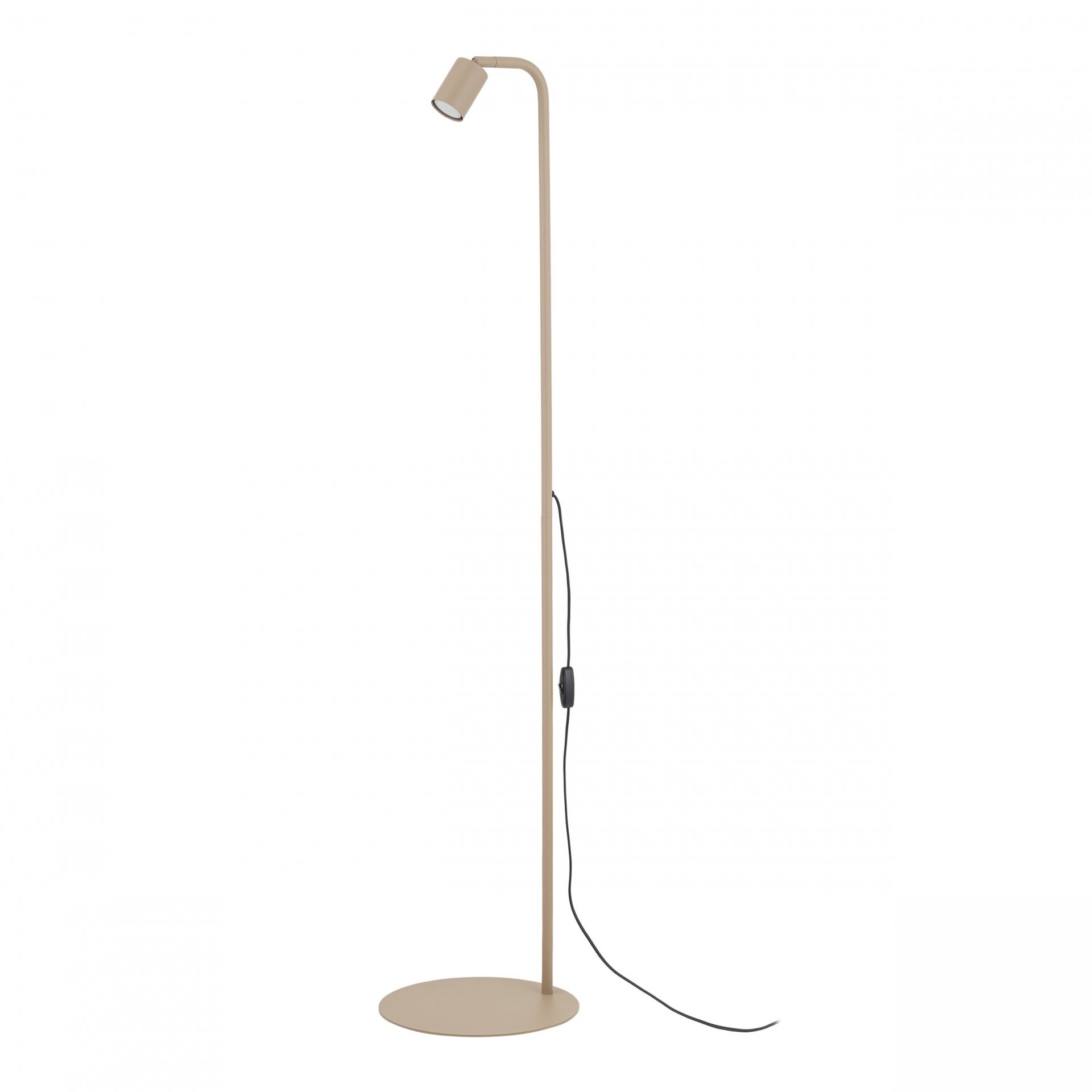 Beżowa lampa podłogowa o minimalistycznym designie, z okrągłą podstawą i smukłym, prostym trzonem zakończonym regulowanym kloszem. Kabel z włącznikiem biegnie wzdłuż trzonu lampy.