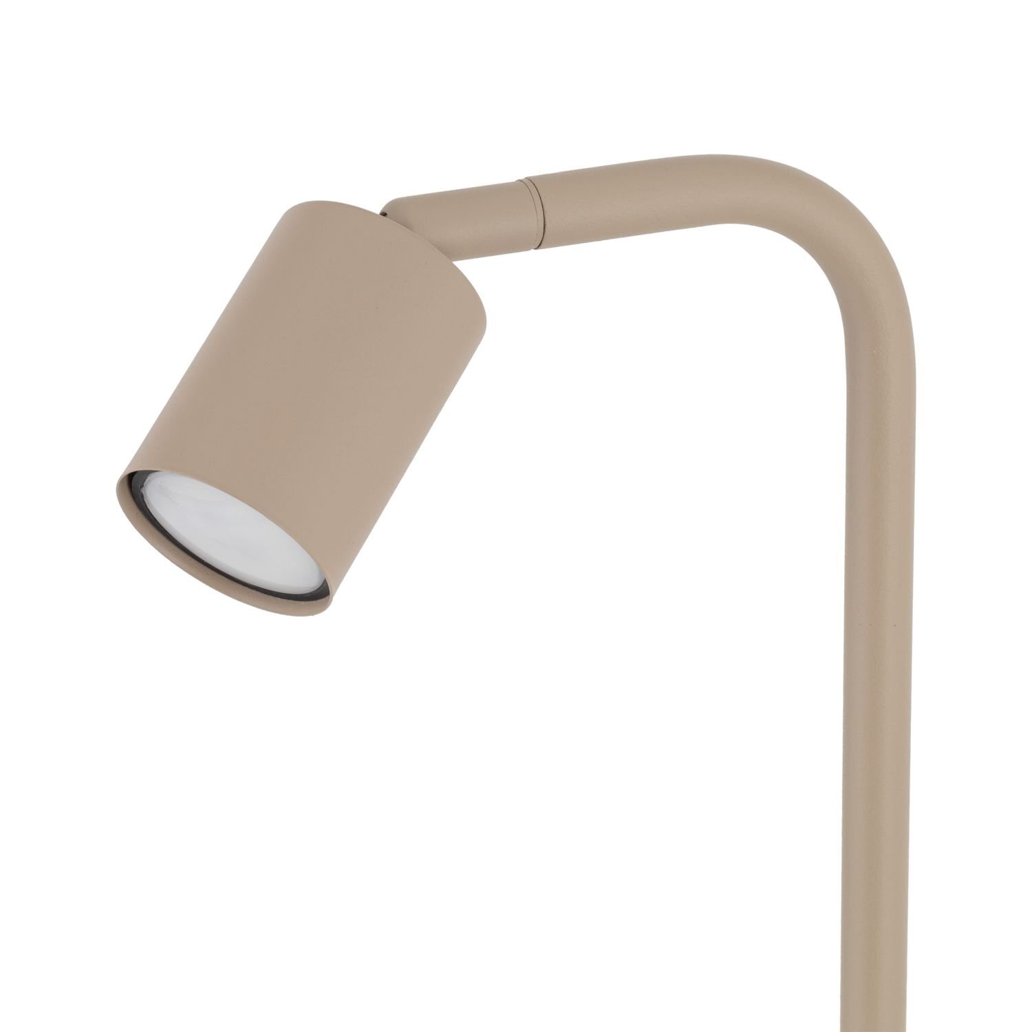 Beżowa lampa podłogowa z cylindrycznym kloszem skierowanym w dół. Konstrukcja wykonana z metalu, utrzymana w minimalistycznym stylu loft.