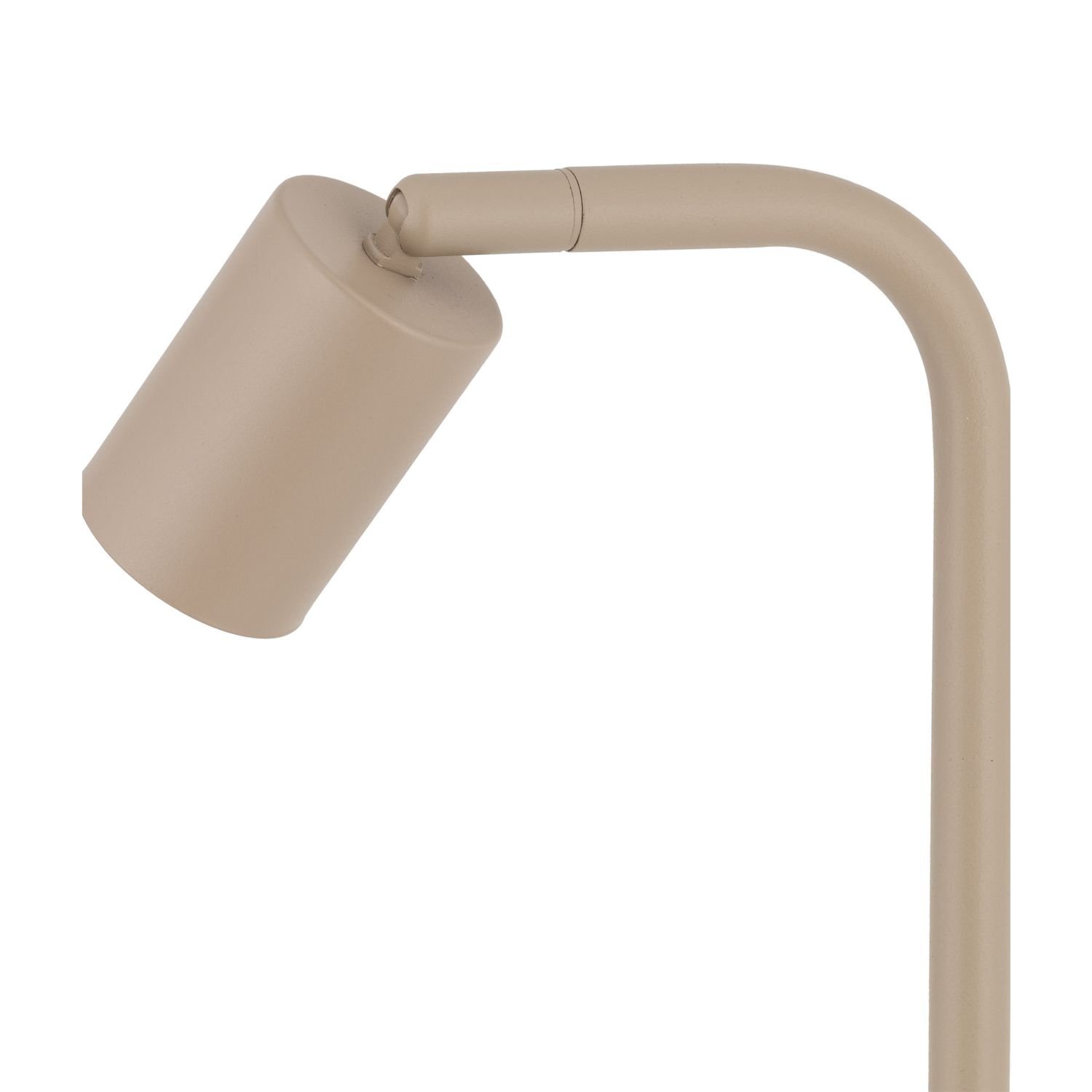 Beżowa lampa podłogowa z cylindrycznym kloszem i zakrzywionym ramieniem. Powierzchnia lampy jest gładka i matowa.