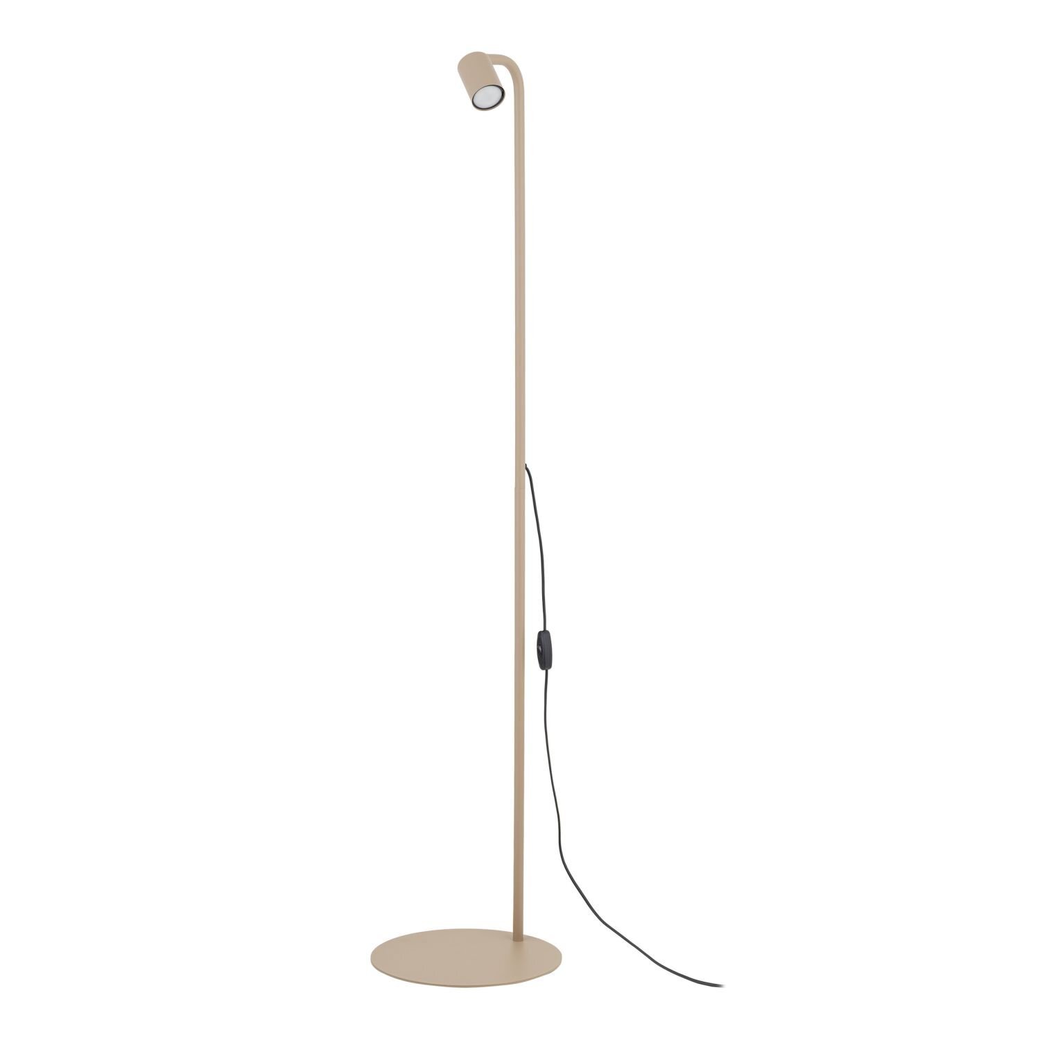Beżowa lampa podłogowa o minimalistycznym designie z okrągłą podstawą i smukłym trzonem. Posiada czarny przewód z włącznikiem umieszczonym na kablu.