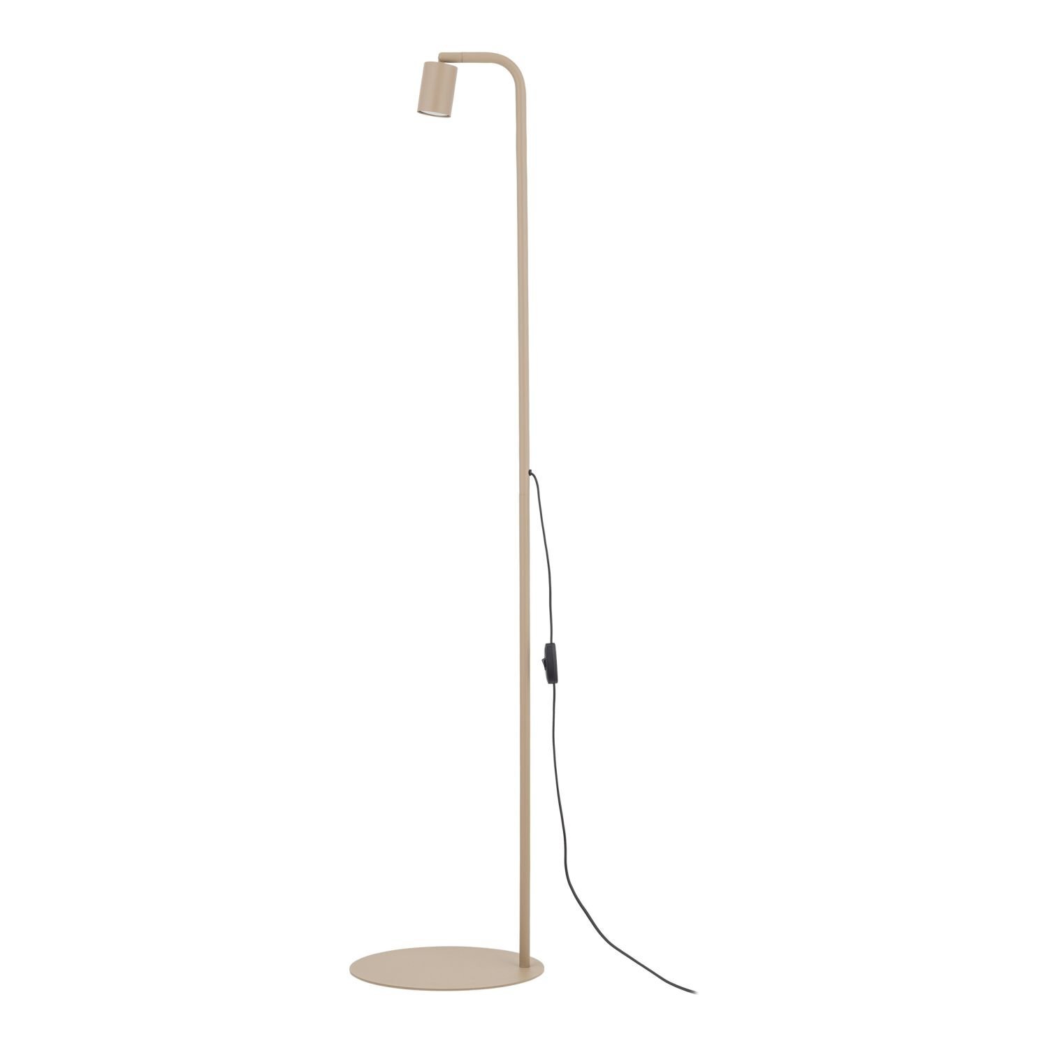 Beżowa lampa podłogowa o minimalistycznym designie z okrągłą podstawą i prostym, smukłym trzonem. Posiada przewód z włącznikiem umieszczonym na wysokości trzonu.