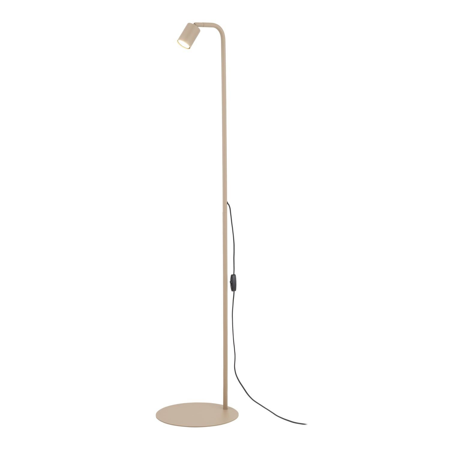 Beżowa lampa podłogowa o minimalistycznym designie z okrągłą podstawą i smukłym, prostym trzonem zakończonym regulowanym kloszem. Lampa posiada przewód z włącznikiem umieszczonym na wysokości trzonu.