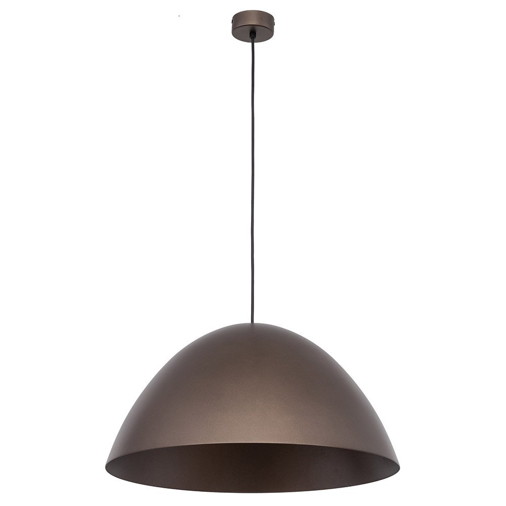 Brązowa lampa wisząca o półkulistym kształcie, wykonana z metalu, zawieszona na czarnym przewodzie. Lampa posiada możliwość regulacji wysokości.