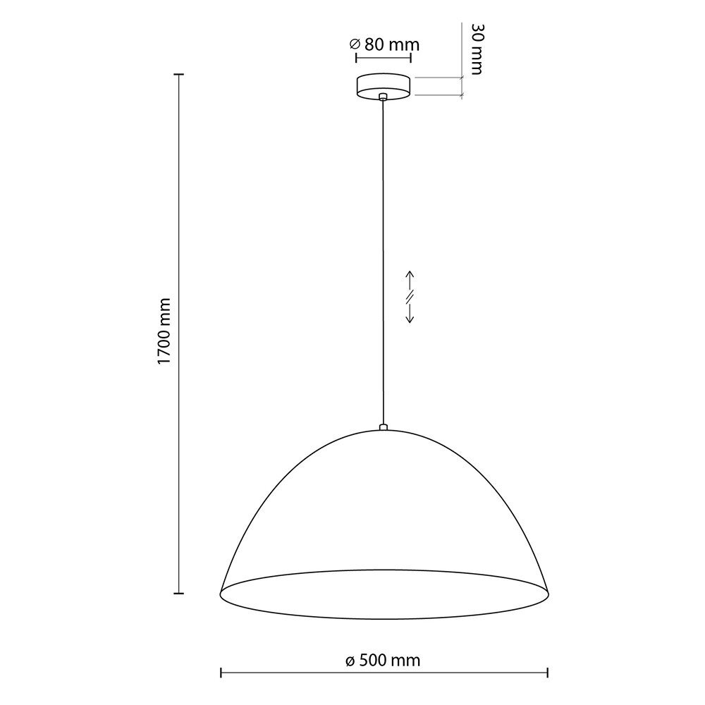 Schemat lampy wiszącej z wymiarami: wysokość regulowana do 1700 mm, średnica klosza 500 mm, średnica mocowania sufitowego 80 mm, wysokość mocowania 30 mm.