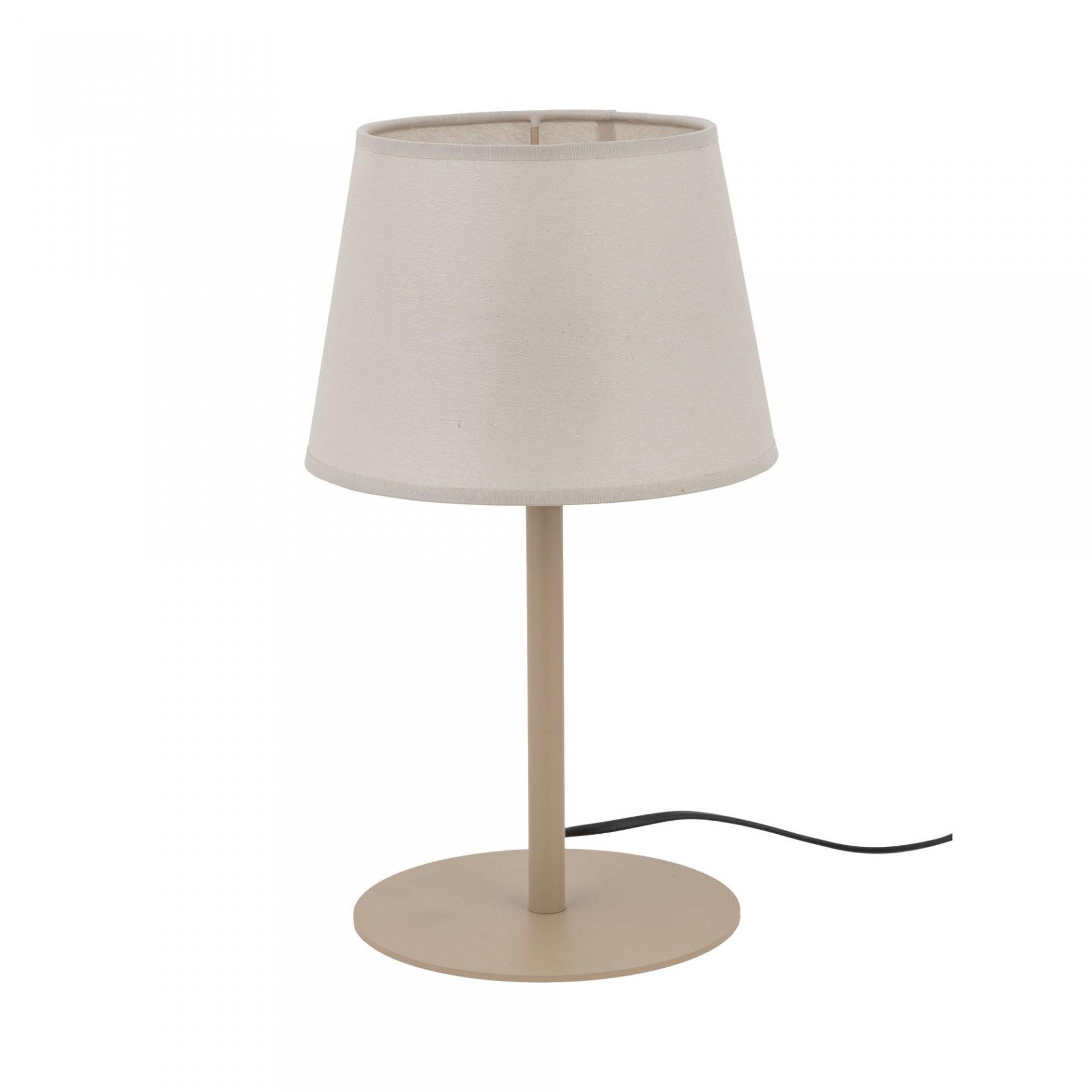 Beżowa lampa stołowa z prostym, cylindrycznym abażurem i metalową podstawą. Kabel zasilający jest widoczny obok podstawy.