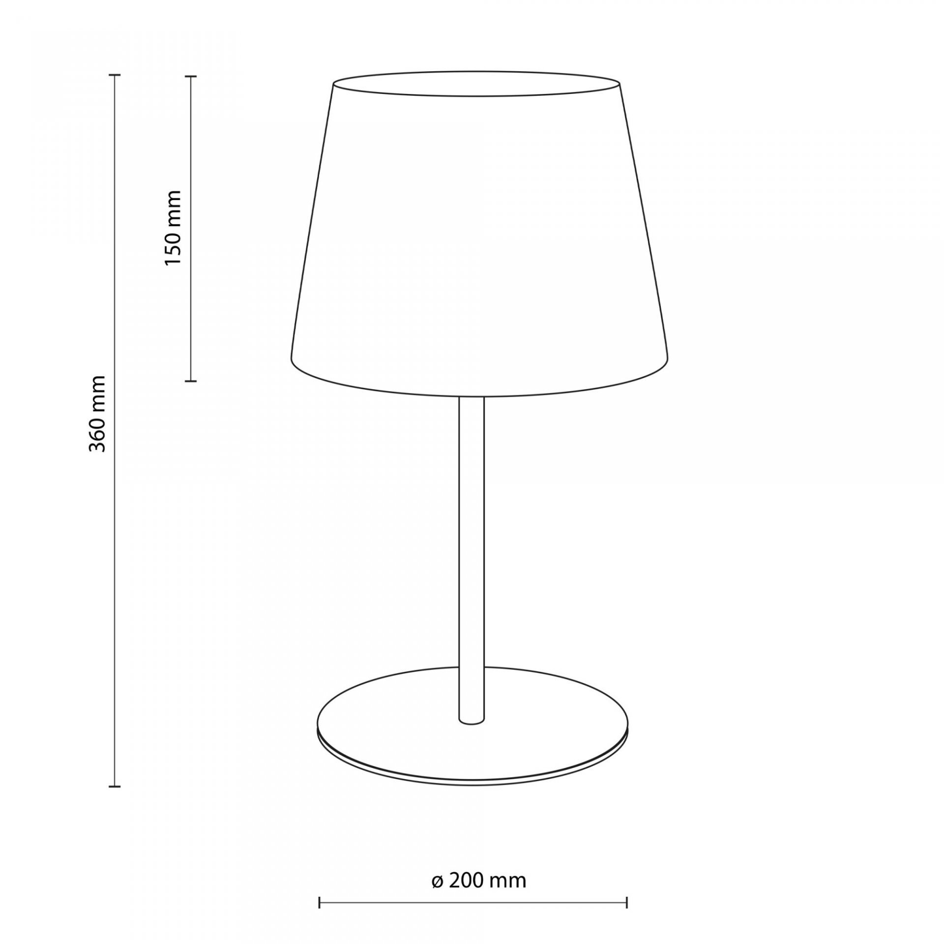 Schematyczny rysunek lampy stołowej z wymiarami: wysokość całkowita 360 mm, wysokość klosza 150 mm, średnica podstawy 200 mm.