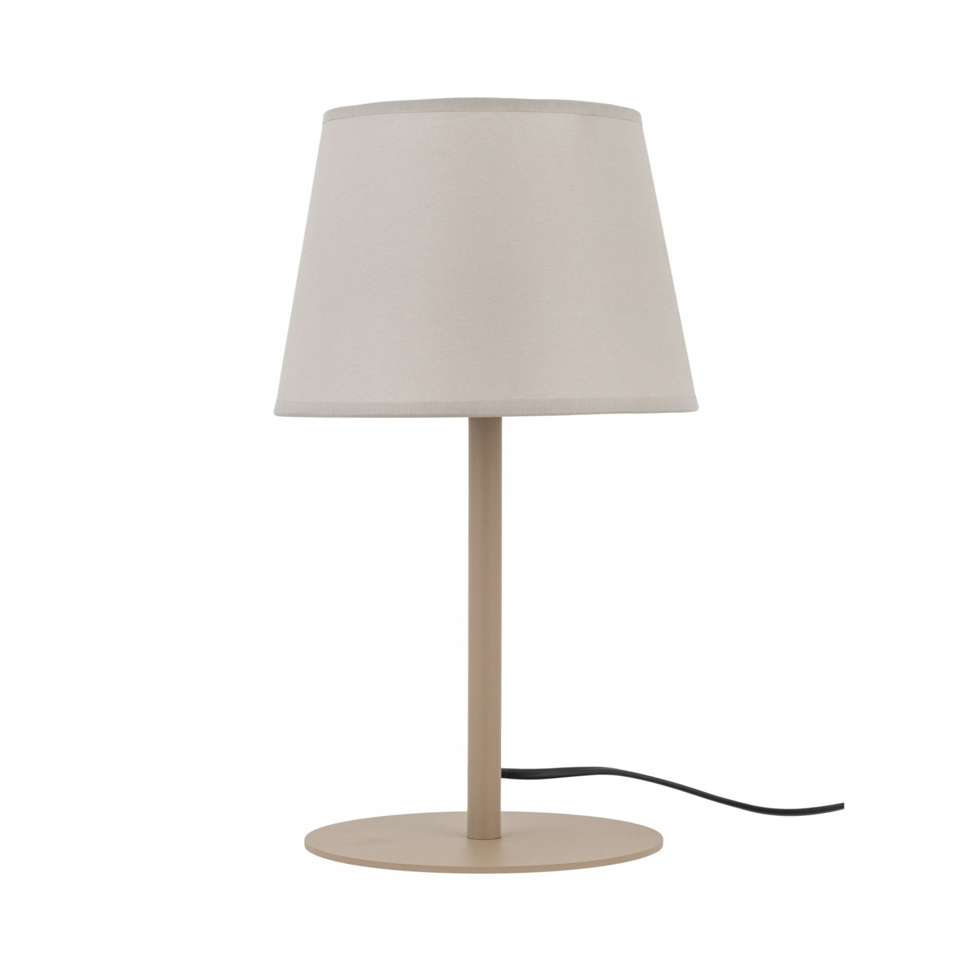 Beżowa lampa stołowa z prostym, cylindrycznym abażurem i metalową podstawą. Kabel zasilający jest widoczny z tyłu lampy.
