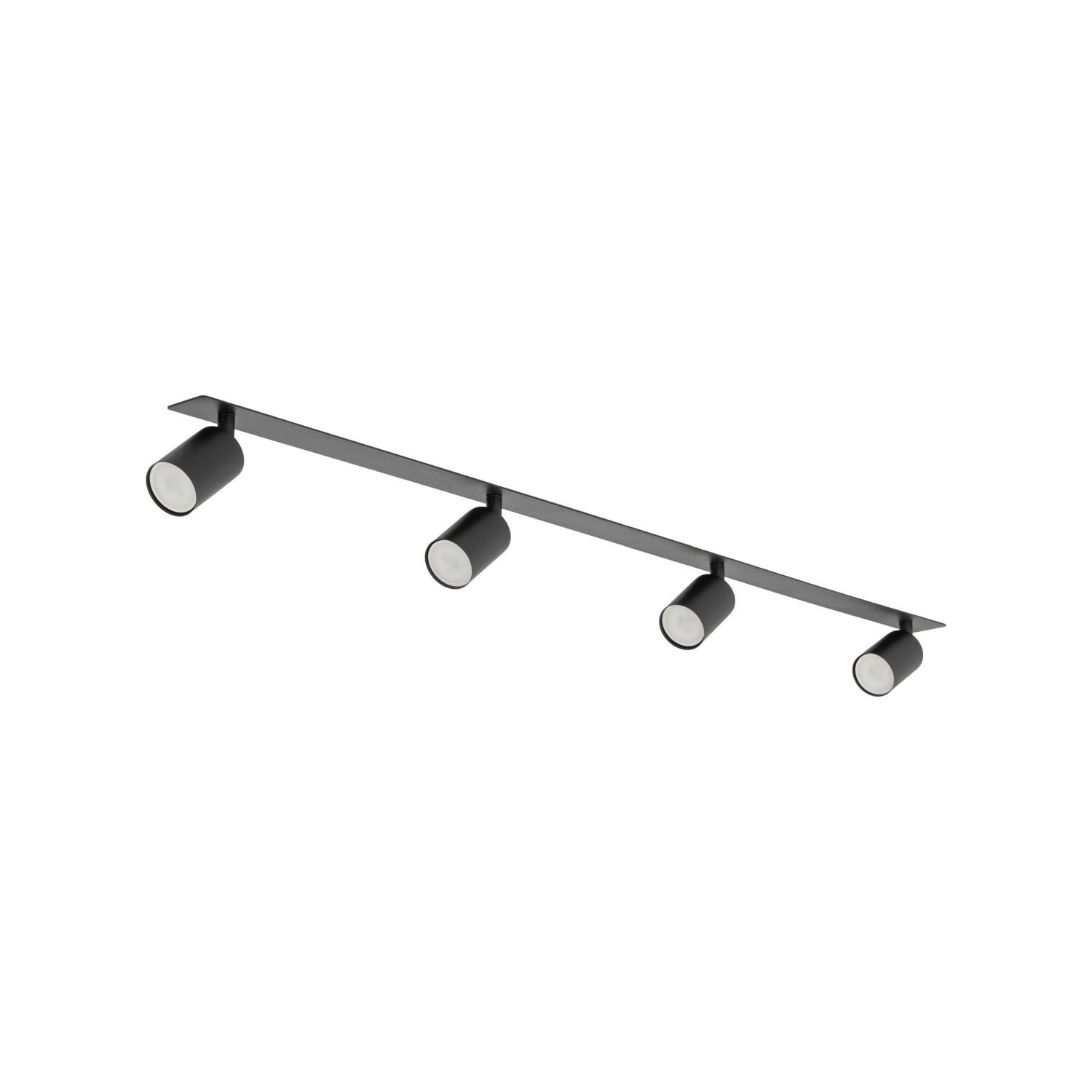 Czarna lampa sufitowa z czterema regulowanymi spotami w kształcie cylindrów, zamontowana na prostokątnej listwie. Wykonana z metalu, przeznaczona do montażu podtynkowego.