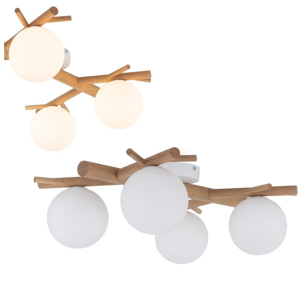 Lampa sufitowa z czterema białymi, kulistymi kloszami zamocowanymi na drewnianej konstrukcji przypominającej gałęzie. Konstrukcja jest nowoczesna i minimalistyczna, idealna do salonu lub kuchni.