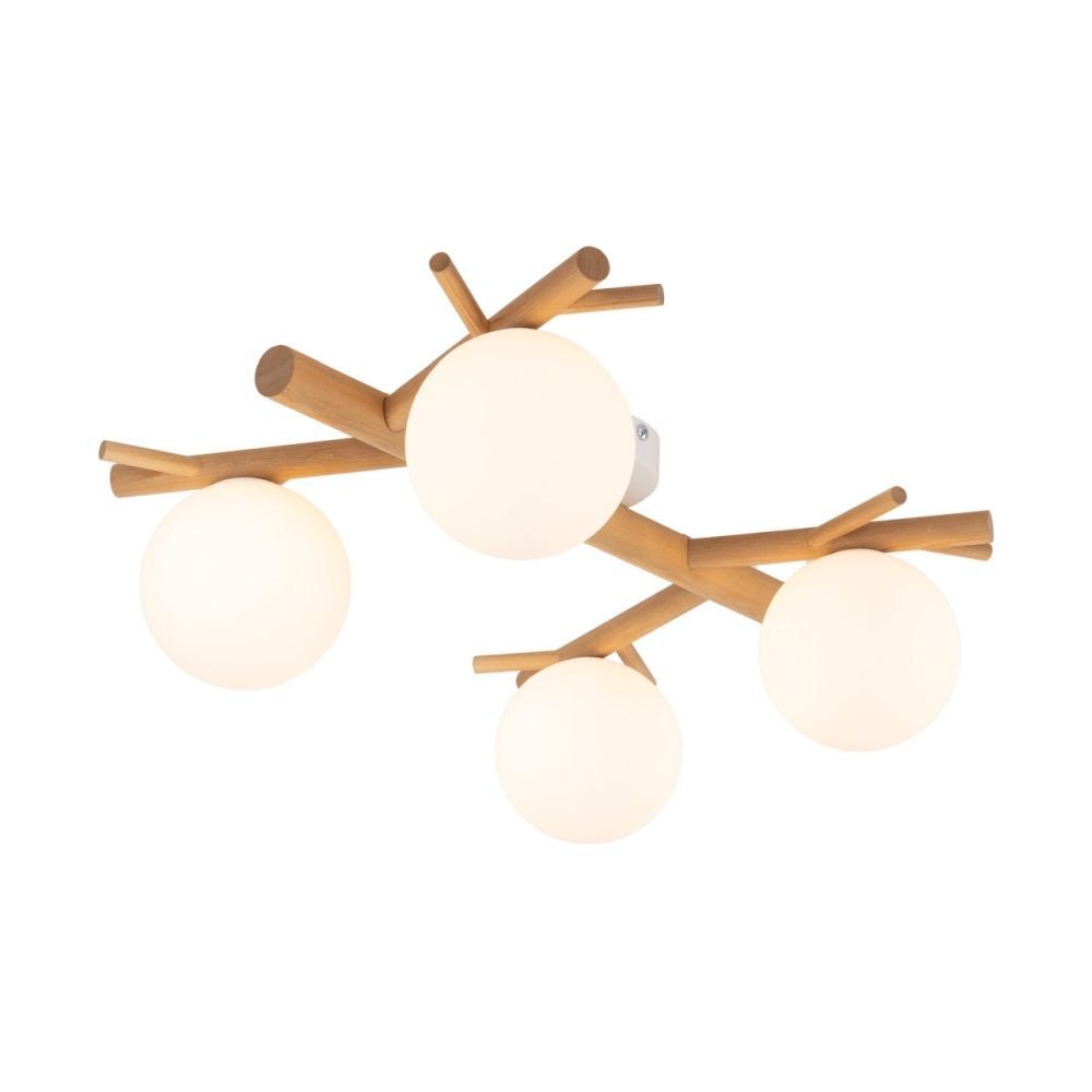 Lampa sufitowa z czterema kulistymi kloszami w kolorze białym, zamontowana na drewnianej konstrukcji przypominającej gałęzie. Nowoczesny design, odpowiednia do salonu i kuchni.
