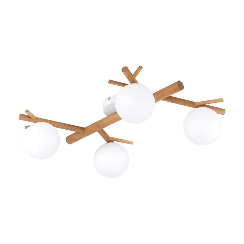 Lampa sufitowa z czterema białymi, kulistymi kloszami zamocowanymi na drewnianej konstrukcji przypominającej gałęzie. Konstrukcja ma nowoczesny design, łączący biel z naturalnym drewnem.