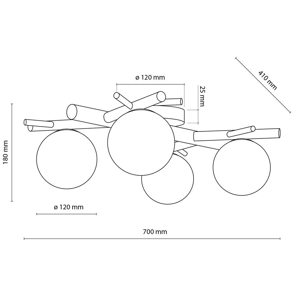 Schemat lampy sufitowej z czterema kulistymi kloszami i elementami przypominającymi drewniane belki. Wymiary: 700 mm długości, 410 mm szerokości, 180 mm wysokości, średnica kloszy 120 mm.
