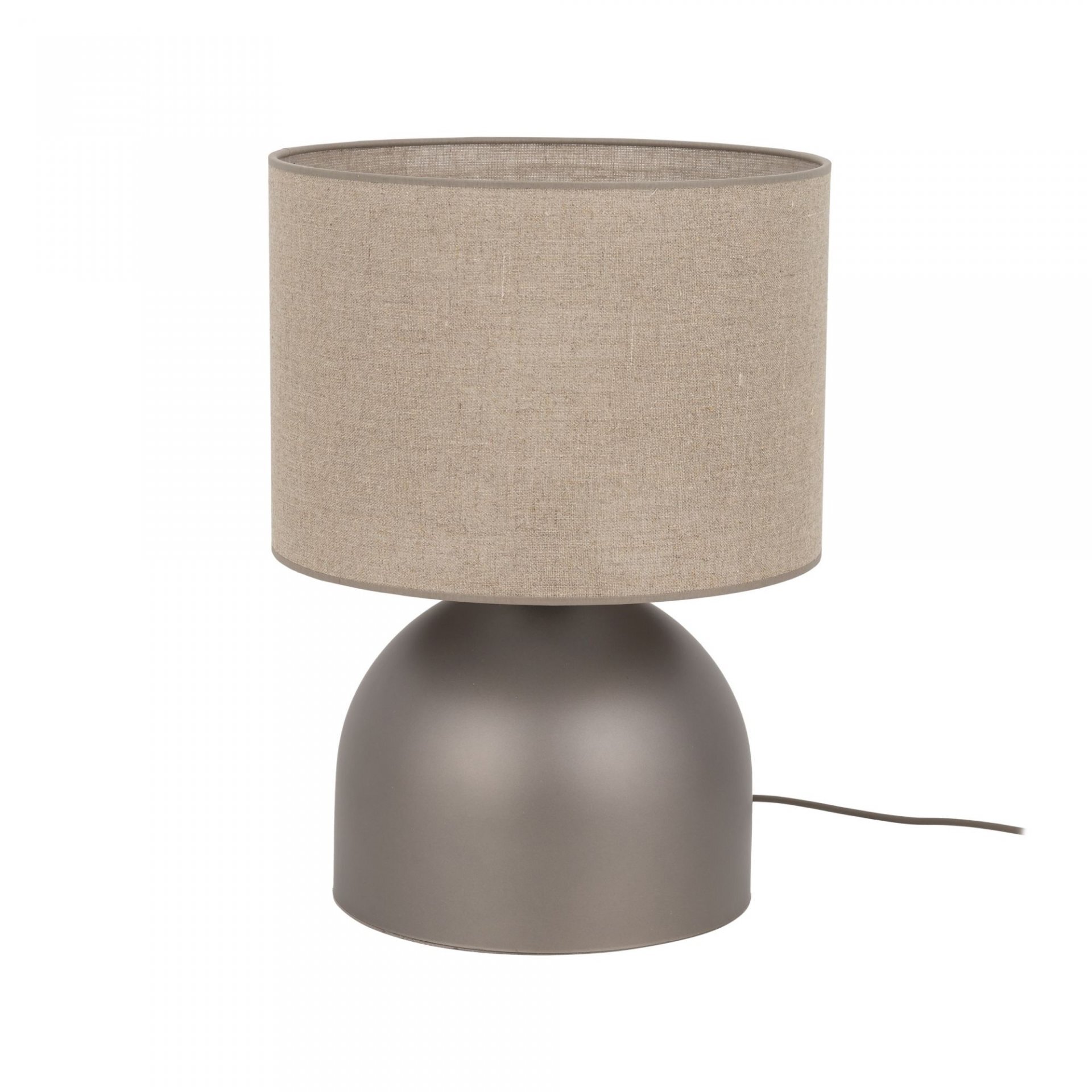 Lampa stołowa z brązowym, lnianym kloszem o cylindrycznym kształcie i zaokrągloną podstawą. Widoczny jest przewód zasilający wychodzący z podstawy.